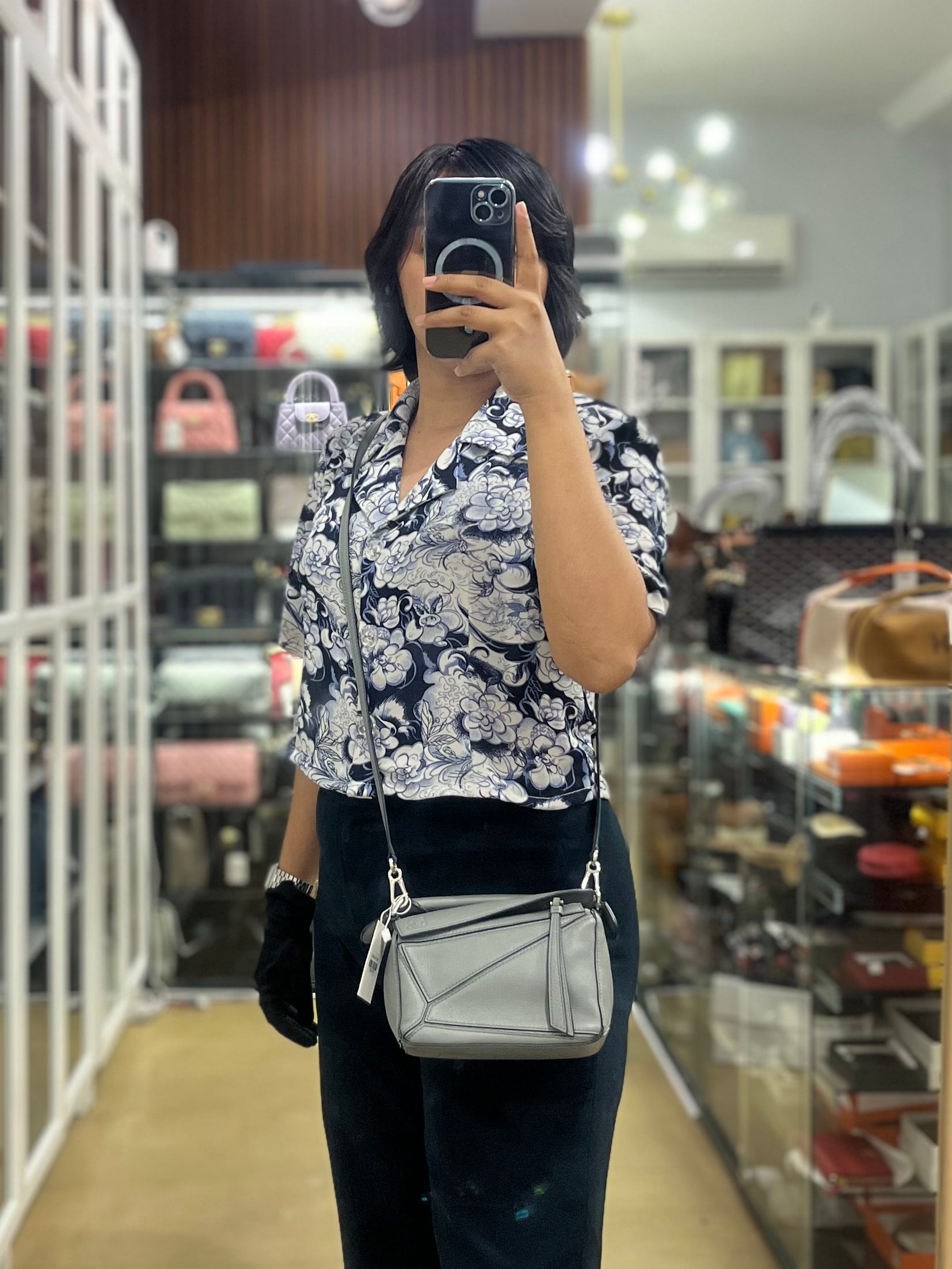 Mini Puzzle in Grey Calfskin Leather | Purse Maison Luxury Bags Shop