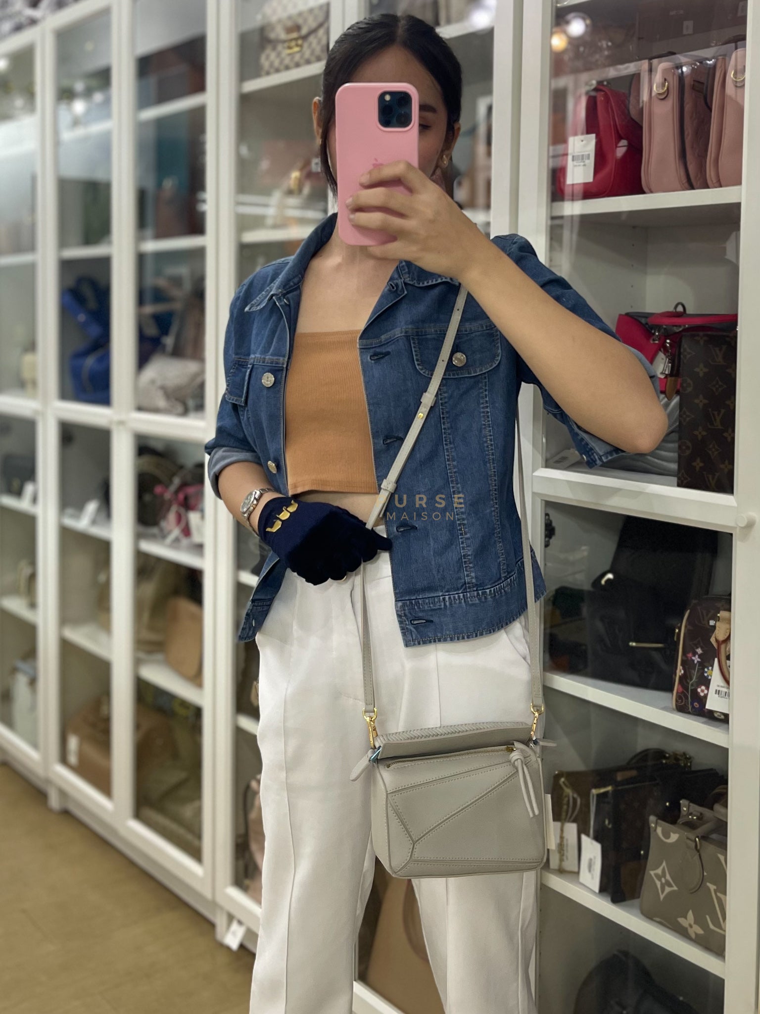 Mini Puzzle Woven Handle in Gray Calfskin Leather | Purse Maison Luxury Bags Shop