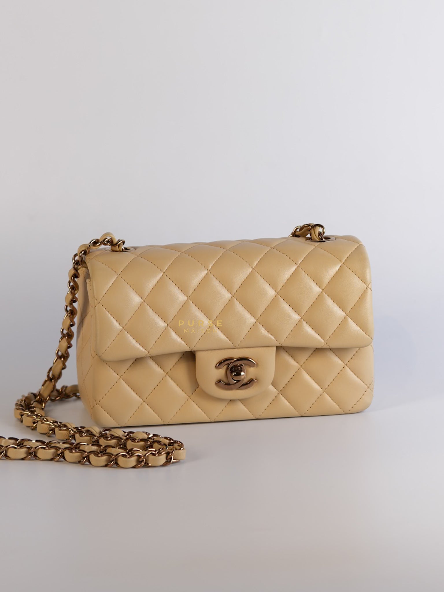 Mini Rectangle Beige Clair in Quilted Lambskin and Rose Gold Hardware (Microchip) | Purse Maison Luxury Bags Shop