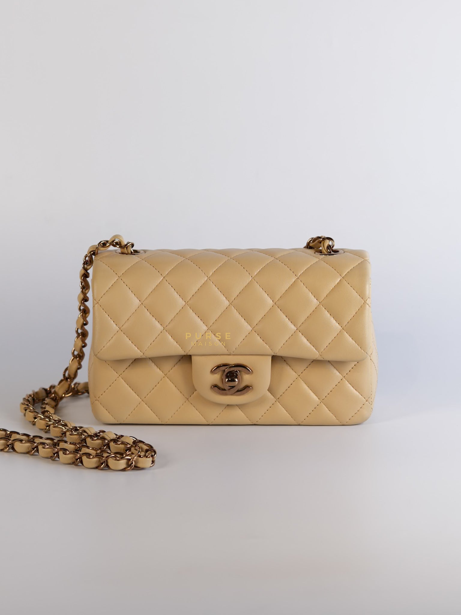 Mini Rectangle Beige Clair in Quilted Lambskin and Rose Gold Hardware (Microchip) | Purse Maison Luxury Bags Shop