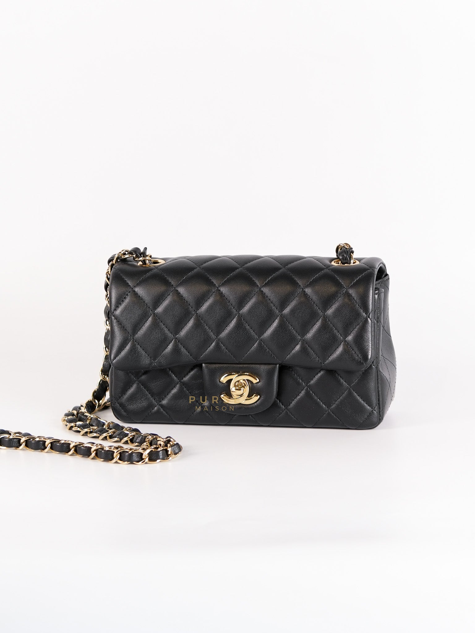 Mini Rectangle Black Lambskin Leather and Light Gold Hardware (Microchip) | Purse Maison Luxury Bags Shop