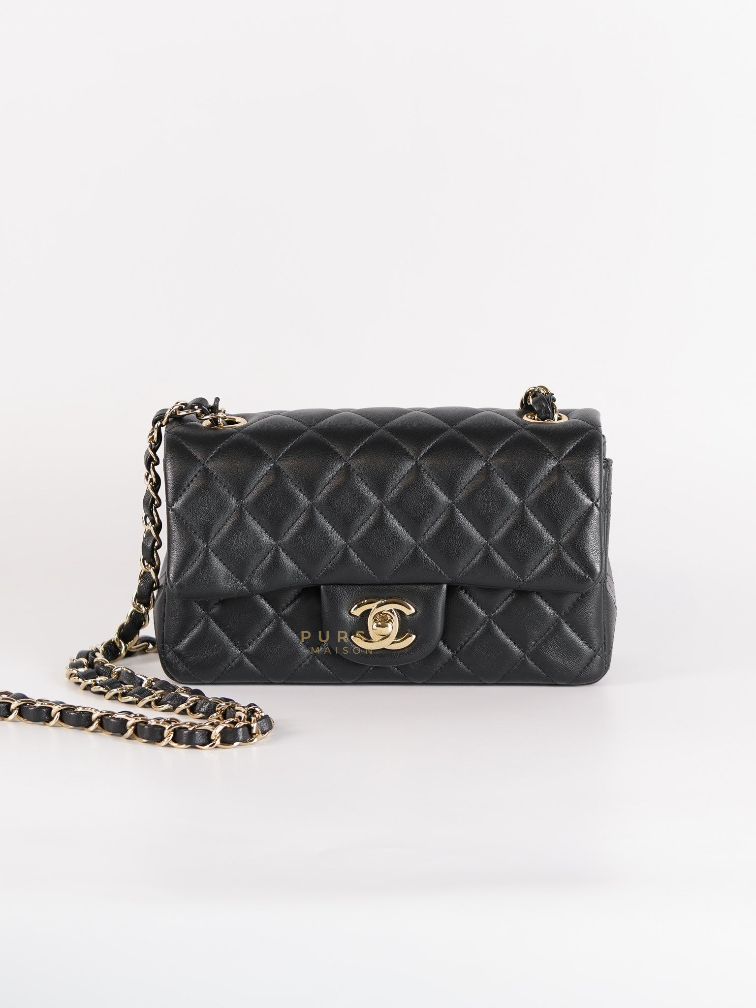 Mini Rectangle Black Lambskin Leather and Light Gold Hardware (Microchip) | Purse Maison Luxury Bags Shop