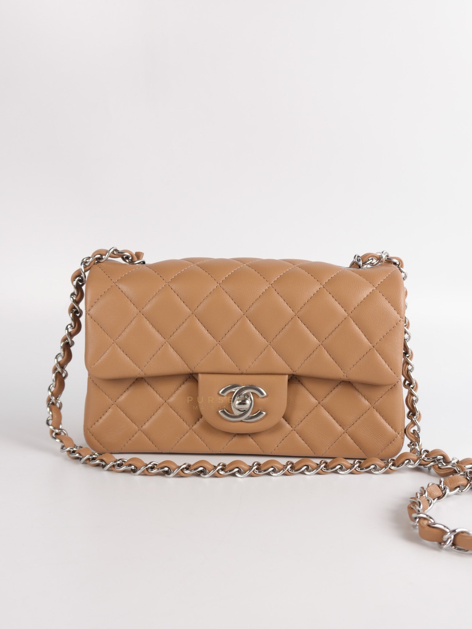 Mini Rectangle Caramel in Lambskin Leather and Silver Hardware(Microchip) | Purse Maison Luxury Bags Shop