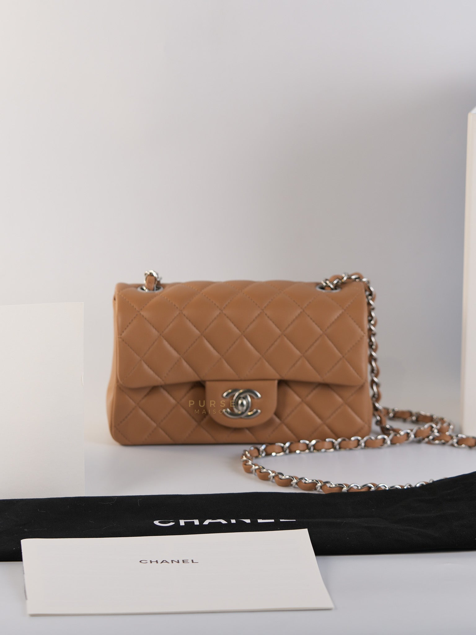 Mini Rectangle Caramel in Lambskin Leather and Silver Hardware(Microchip) | Purse Maison Luxury Bags Shop