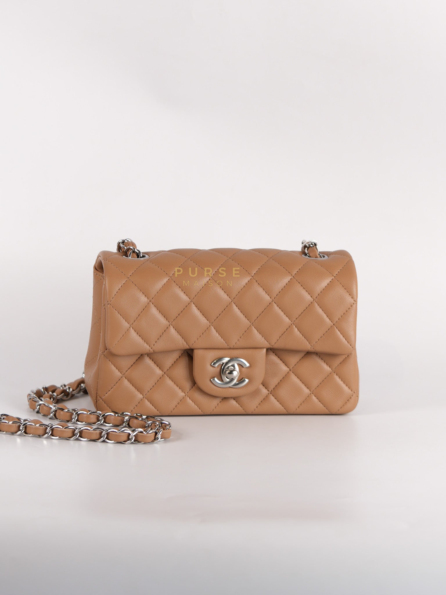 Mini Rectangle Caramel in Lambskin Leather and Silver Hardware(Microchip) | Purse Maison Luxury Bags Shop