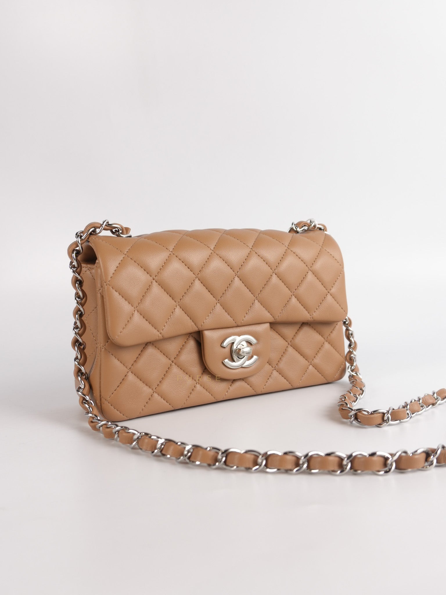 Mini Rectangle Caramel in Lambskin Leather and Silver Hardware(Microchip) | Purse Maison Luxury Bags Shop
