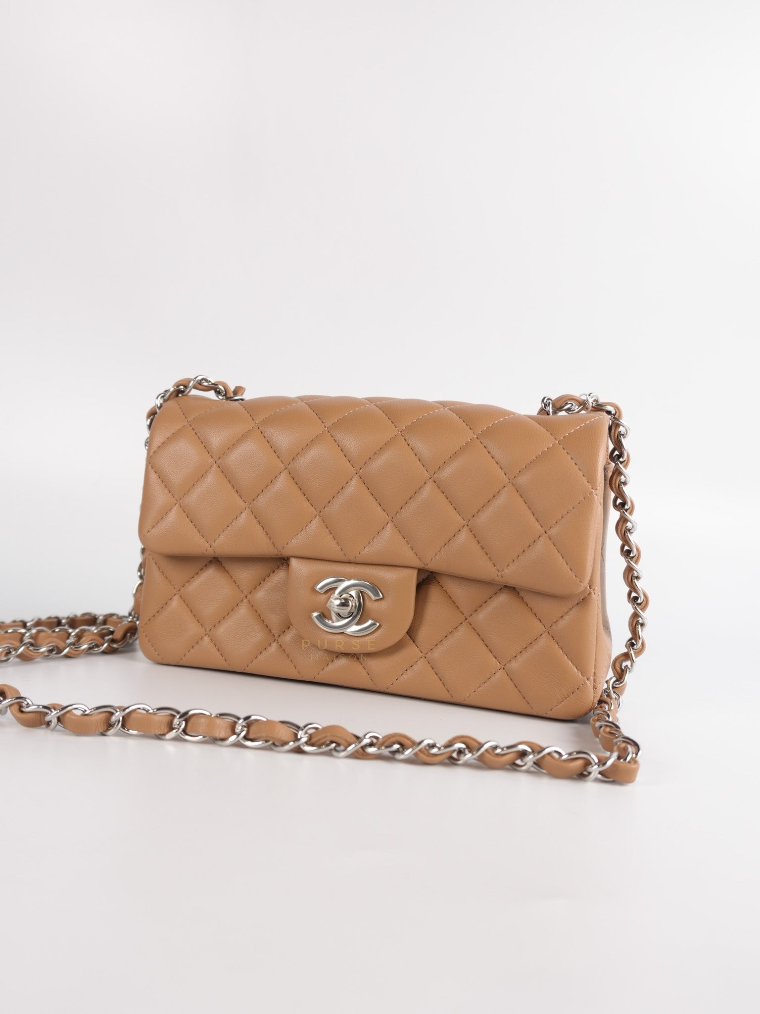 Mini Rectangle Caramel in Lambskin Leather and Silver Hardware(Microchip) | Purse Maison Luxury Bags Shop