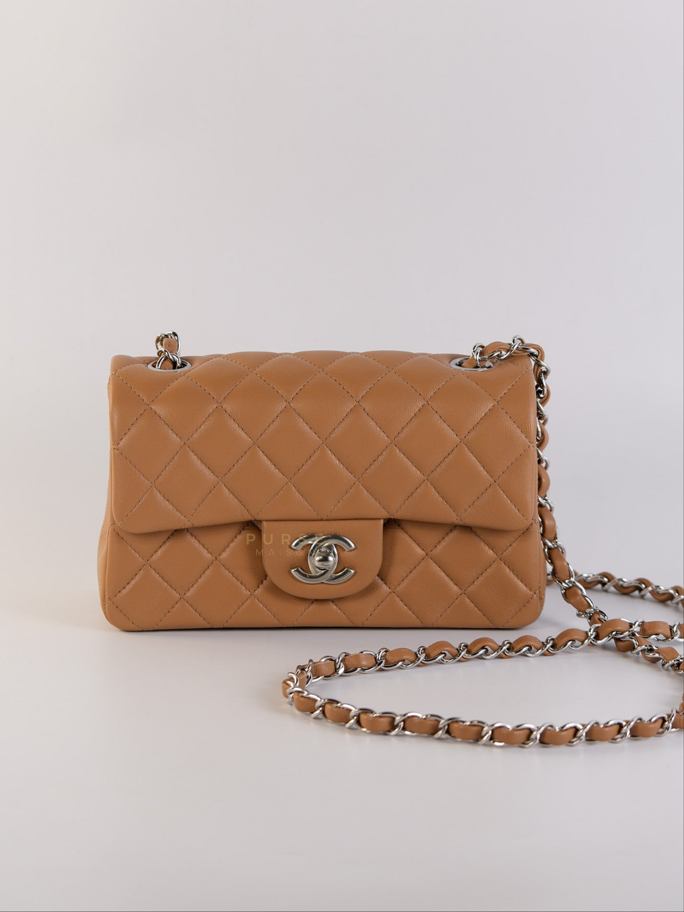Mini Rectangle Caramel in Lambskin Leather and Silver Hardware(Microchip) | Purse Maison Luxury Bags Shop