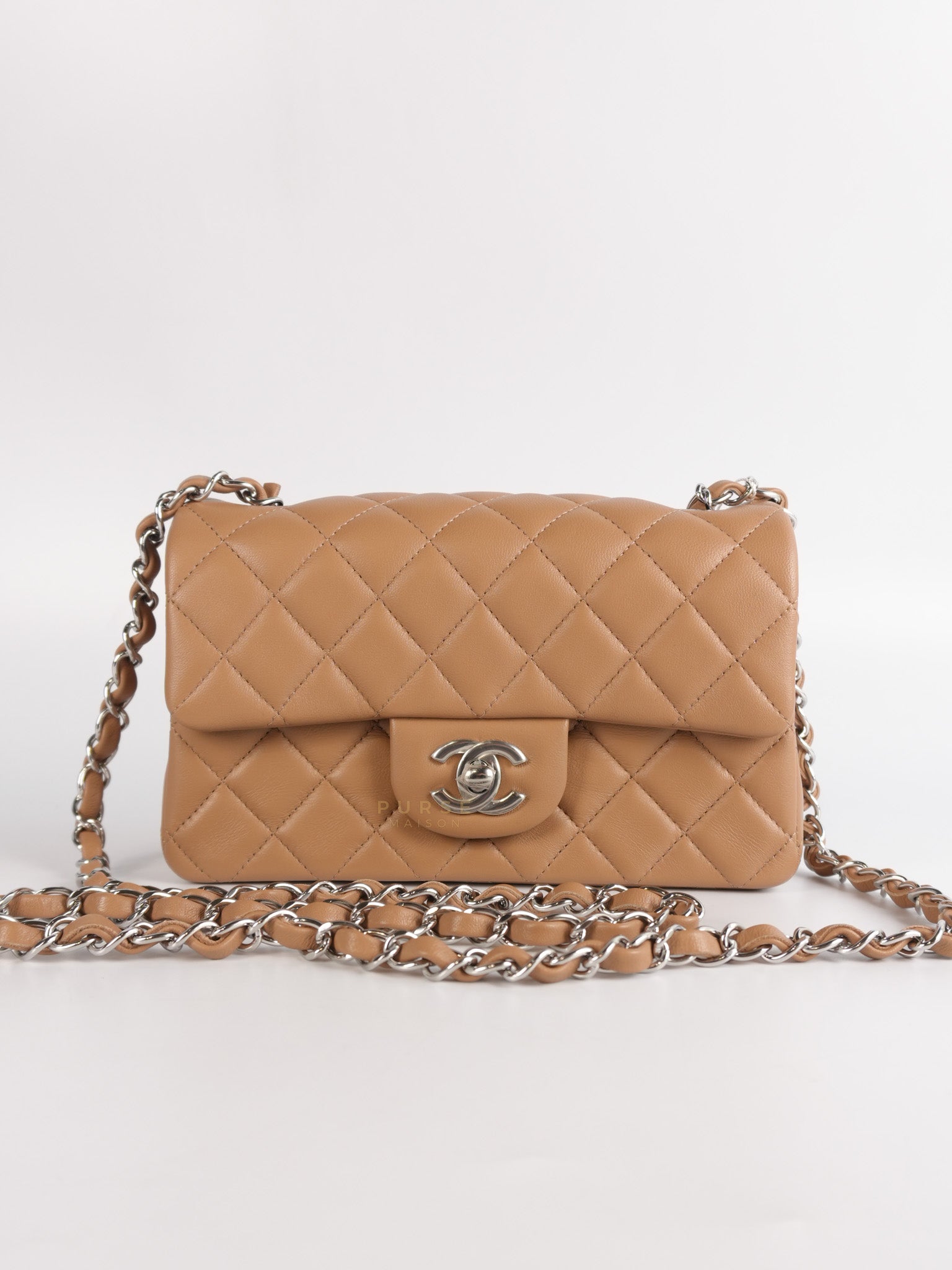 Mini Rectangle Caramel in Lambskin Leather and Silver Hardware(Microchip) | Purse Maison Luxury Bags Shop