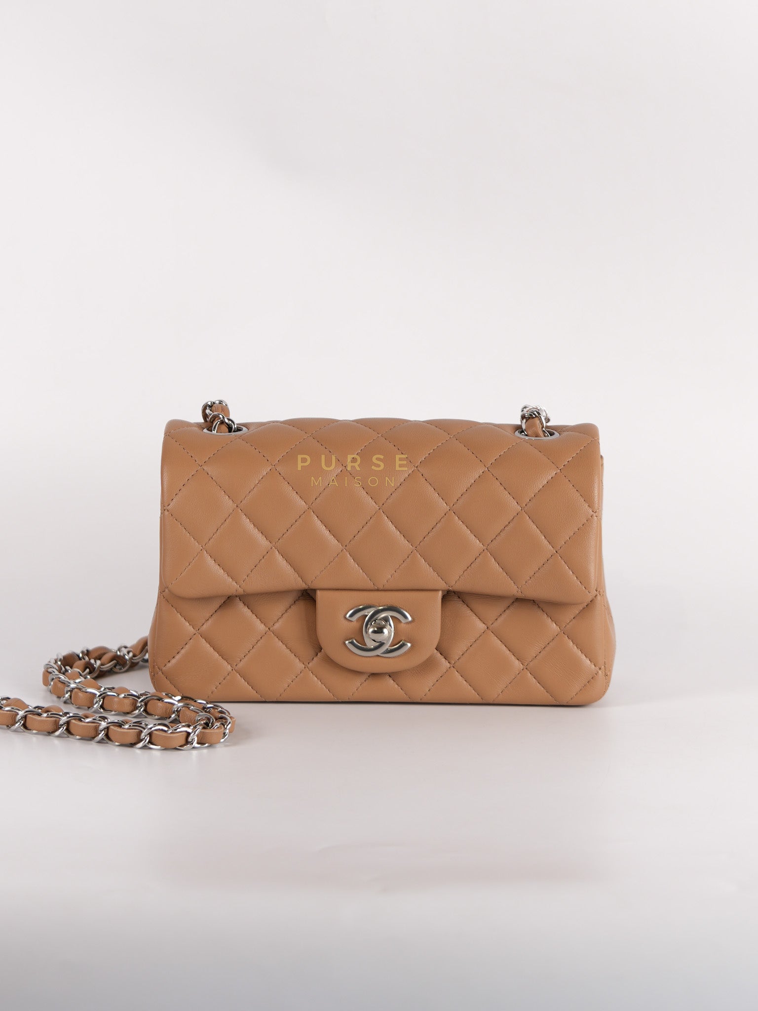 Mini Rectangle Caramel in Lambskin Leather and Silver Hardware(Microchip) | Purse Maison Luxury Bags Shop