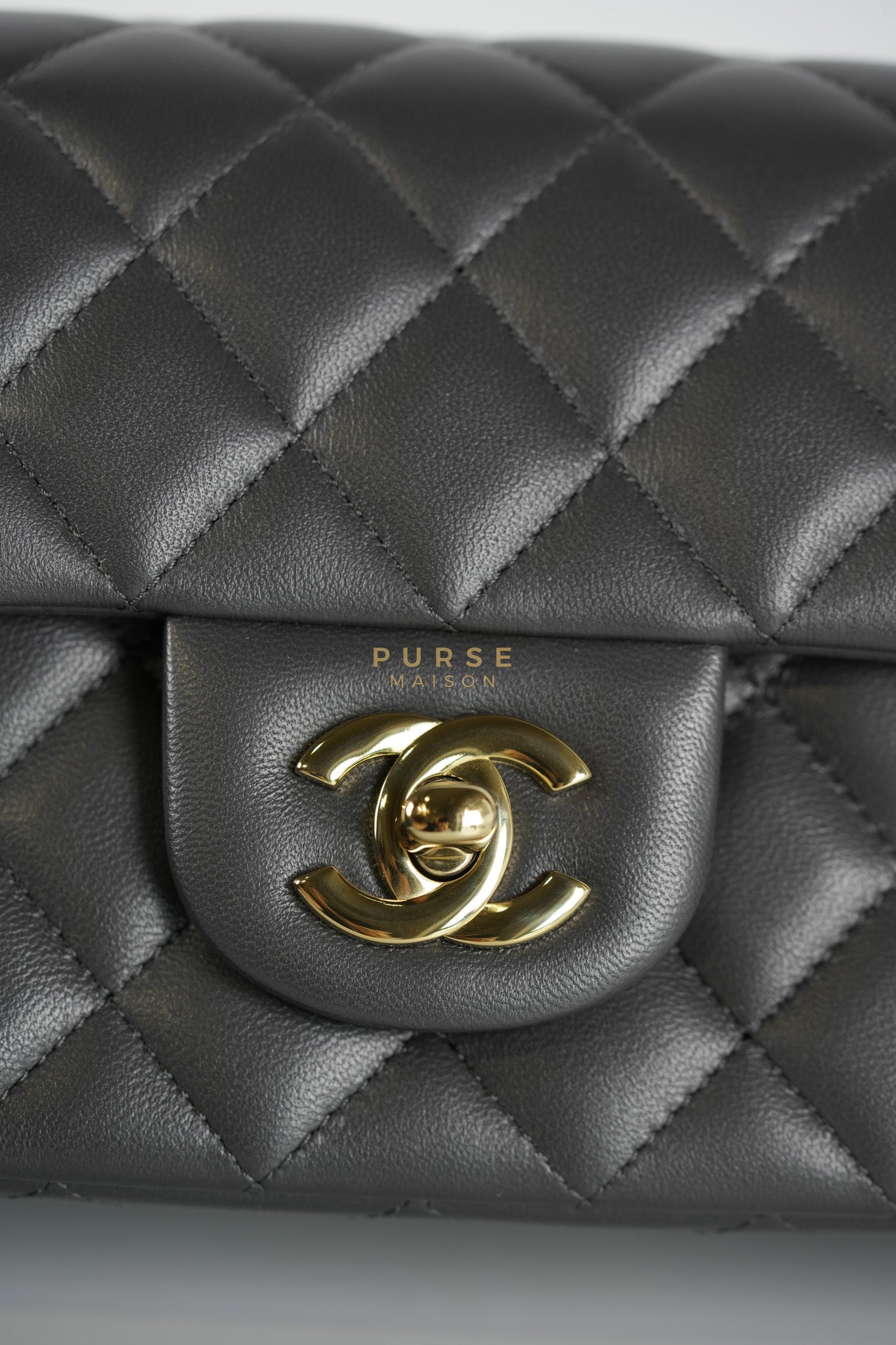 Mini Rectangle Dark Gray Lambskin Leather and Light Gold Hardware (Microchip) | Purse Maison Luxury Bags Shop