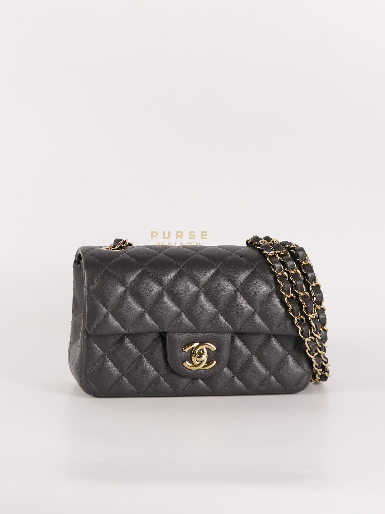 Mini Rectangle Dark Gray Lambskin Leather and Light Gold Hardware (Microchip) | Purse Maison Luxury Bags Shop