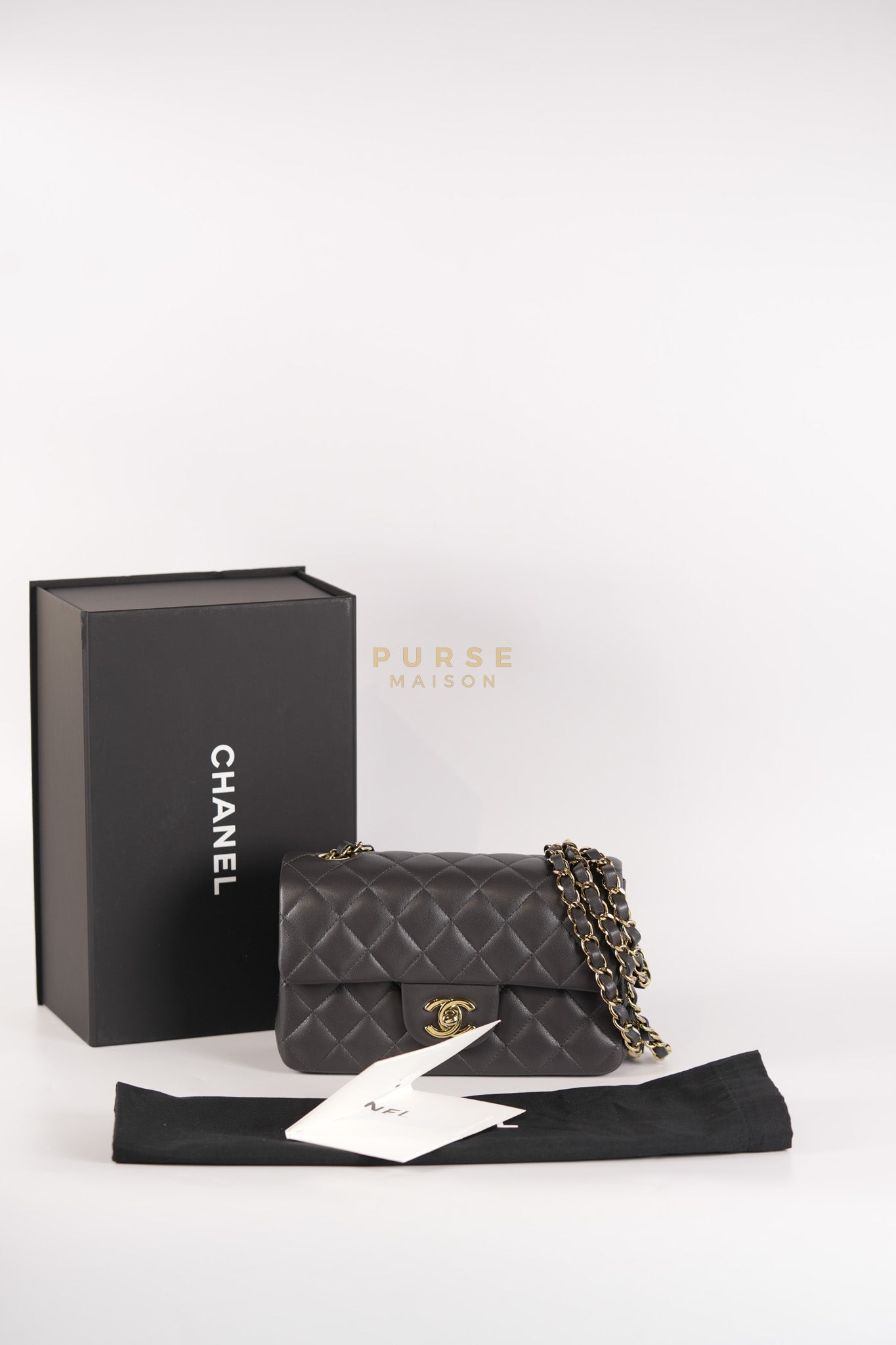 Mini Rectangle Dark Gray Lambskin Leather and Light Gold Hardware (Microchip) | Purse Maison Luxury Bags Shop