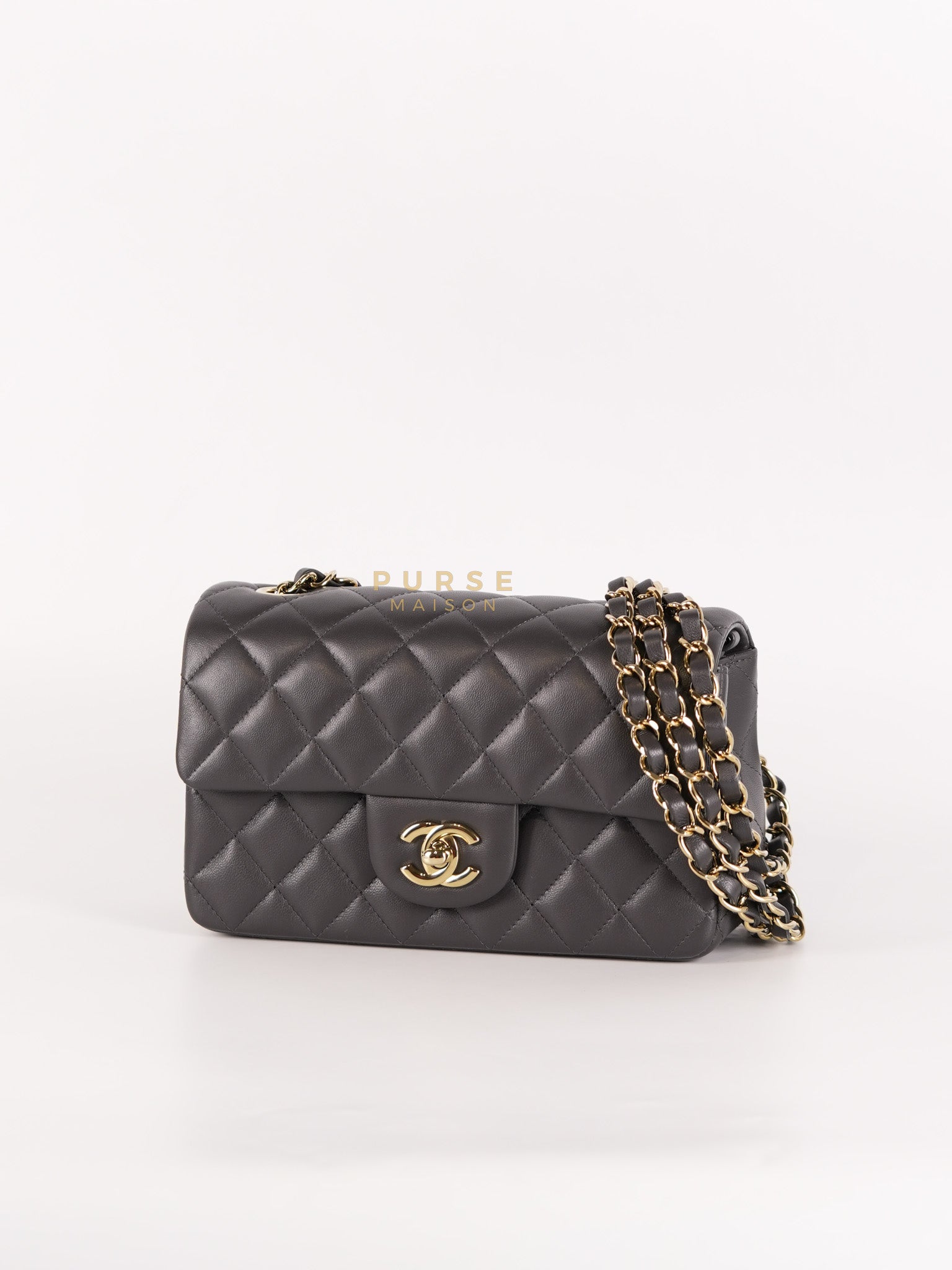 Mini Rectangle Dark Gray Lambskin Leather and Light Gold Hardware (Microchip) | Purse Maison Luxury Bags Shop
