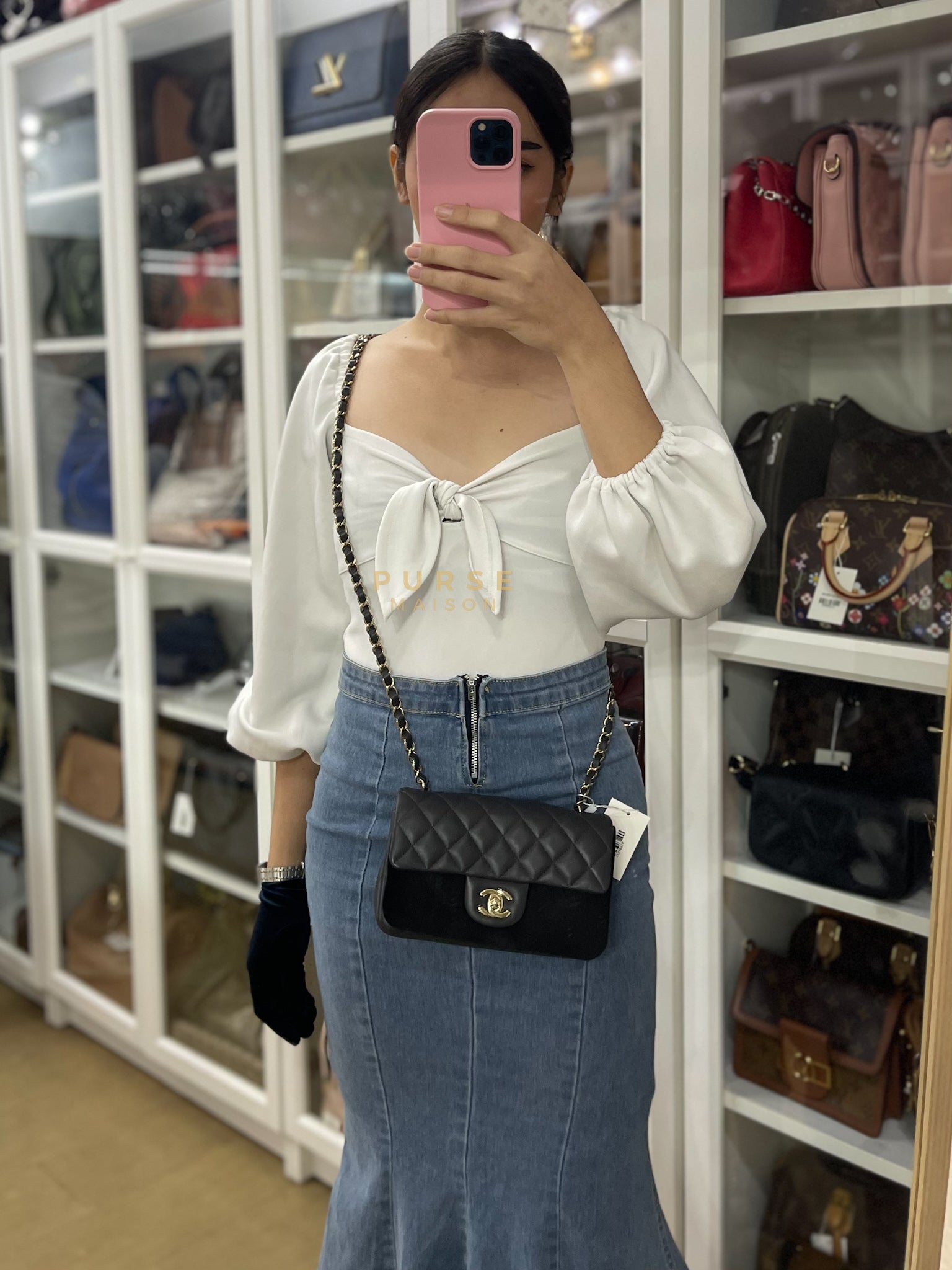 Mini Rectangle Dark Gray Lambskin Leather and Light Gold Hardware (Microchip) | Purse Maison Luxury Bags Shop