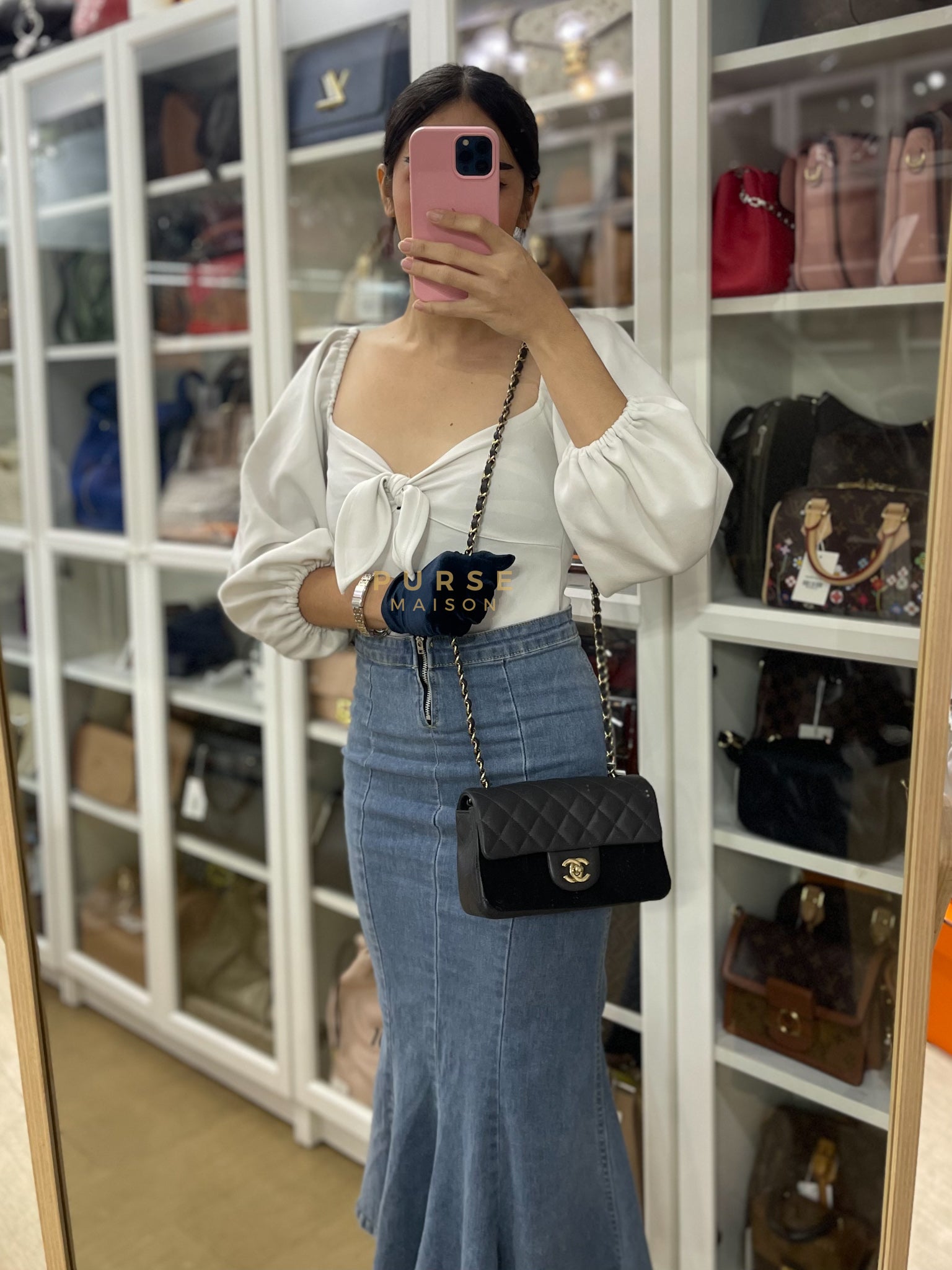 Mini Rectangle Dark Gray Lambskin Leather and Light Gold Hardware (Microchip) | Purse Maison Luxury Bags Shop