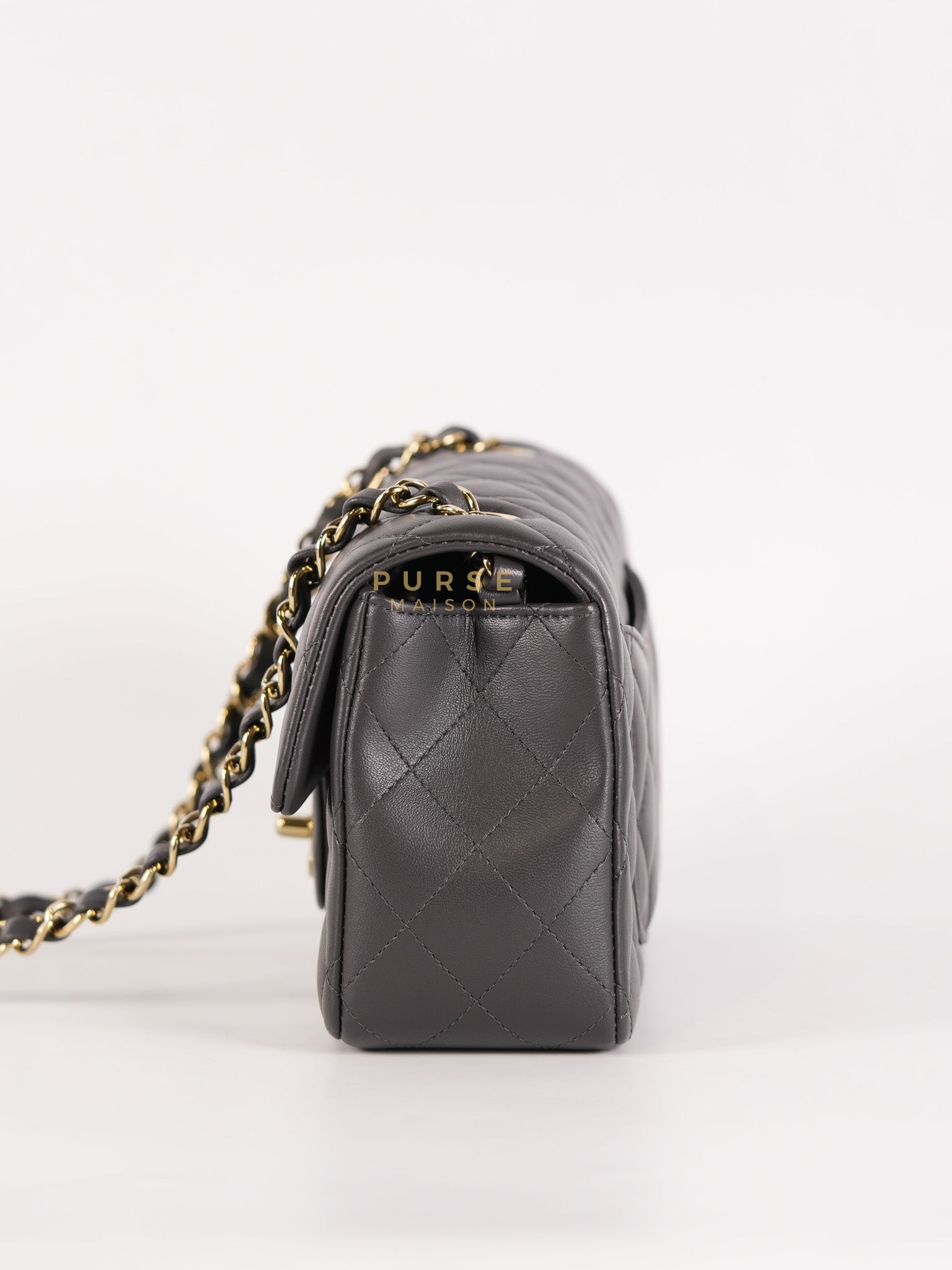 Mini Rectangle Dark Gray Lambskin Leather and Light Gold Hardware (Microchip) | Purse Maison Luxury Bags Shop