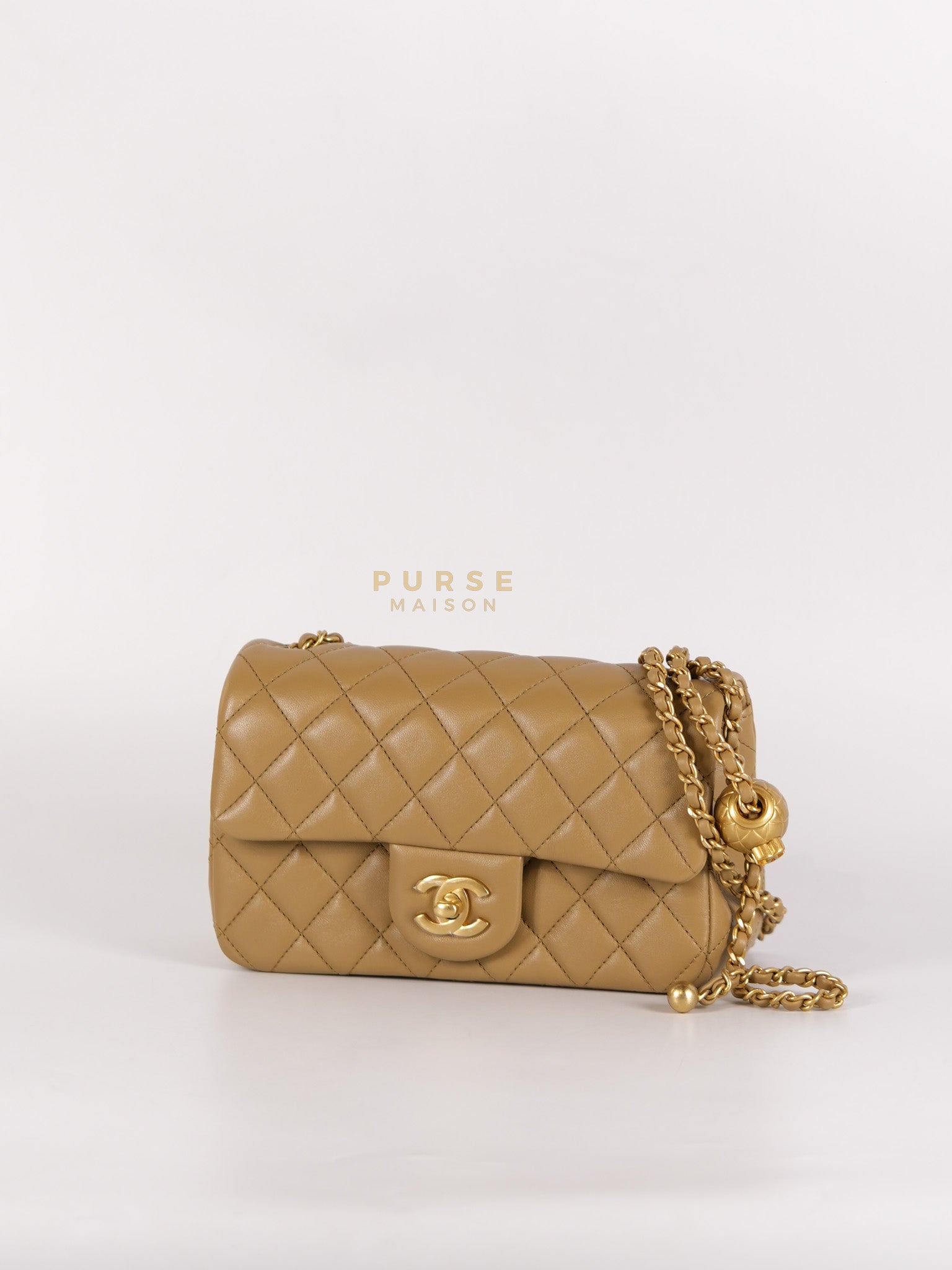 Mini Rectangle Flap Bag in Pearl Crush Beige Fonce Lambskin Leather & Gold Hardware Microchip | Purse Maison Luxury Bags Shop