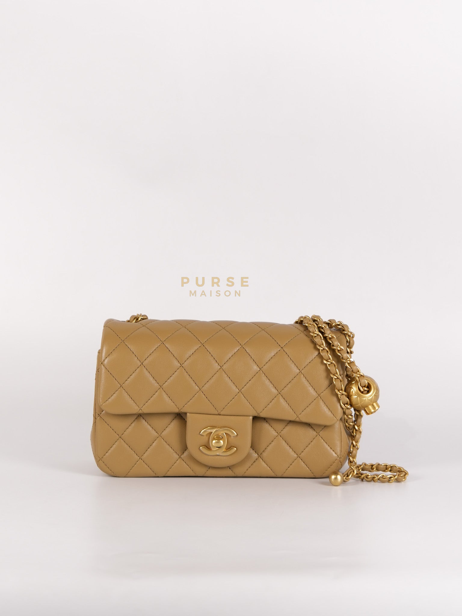 Mini Rectangle Flap Bag in Pearl Crush Beige Fonce Lambskin Leather & Gold Hardware Microchip | Purse Maison Luxury Bags Shop