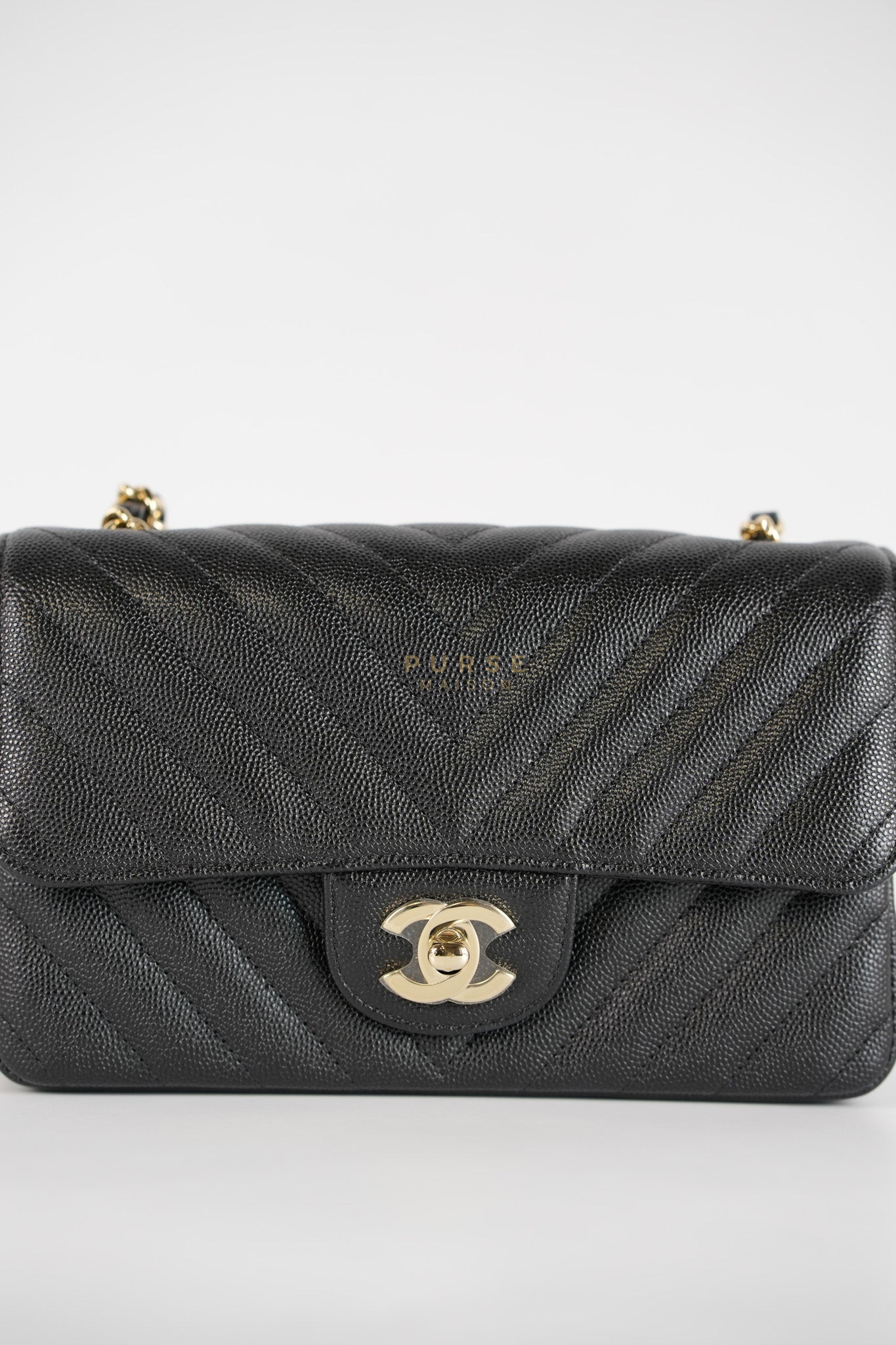 Mini Rectangle in Black Chevron Caviar Leather Light Gold (Series 26) | Purse Maison Luxury Bags Shop