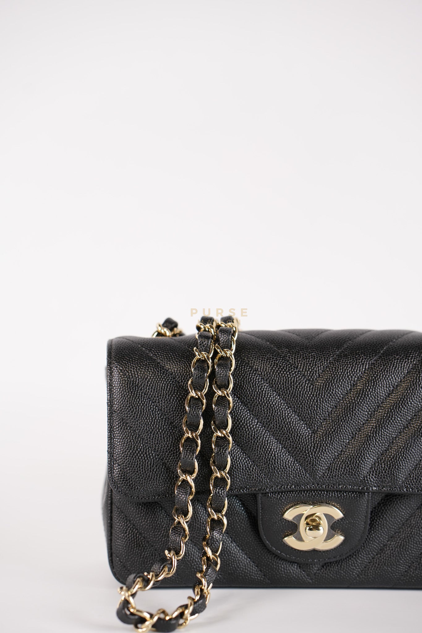 Mini Rectangle in Black Chevron Caviar Leather Light Gold (Series 26) | Purse Maison Luxury Bags Shop