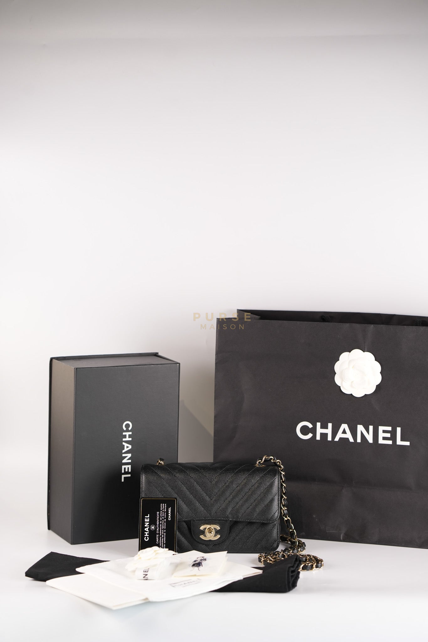Mini Rectangle in Black Chevron Caviar Leather Light Gold (Series 26) | Purse Maison Luxury Bags Shop