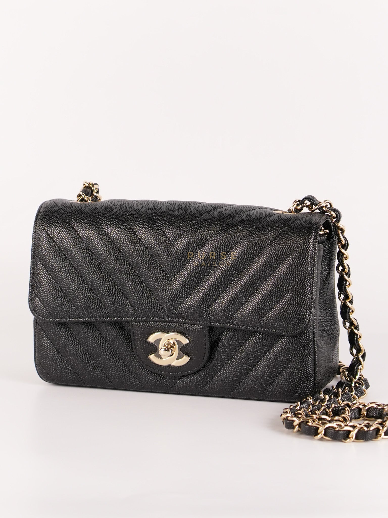 Mini Rectangle in Black Chevron Caviar Leather Light Gold (Series 26) | Purse Maison Luxury Bags Shop