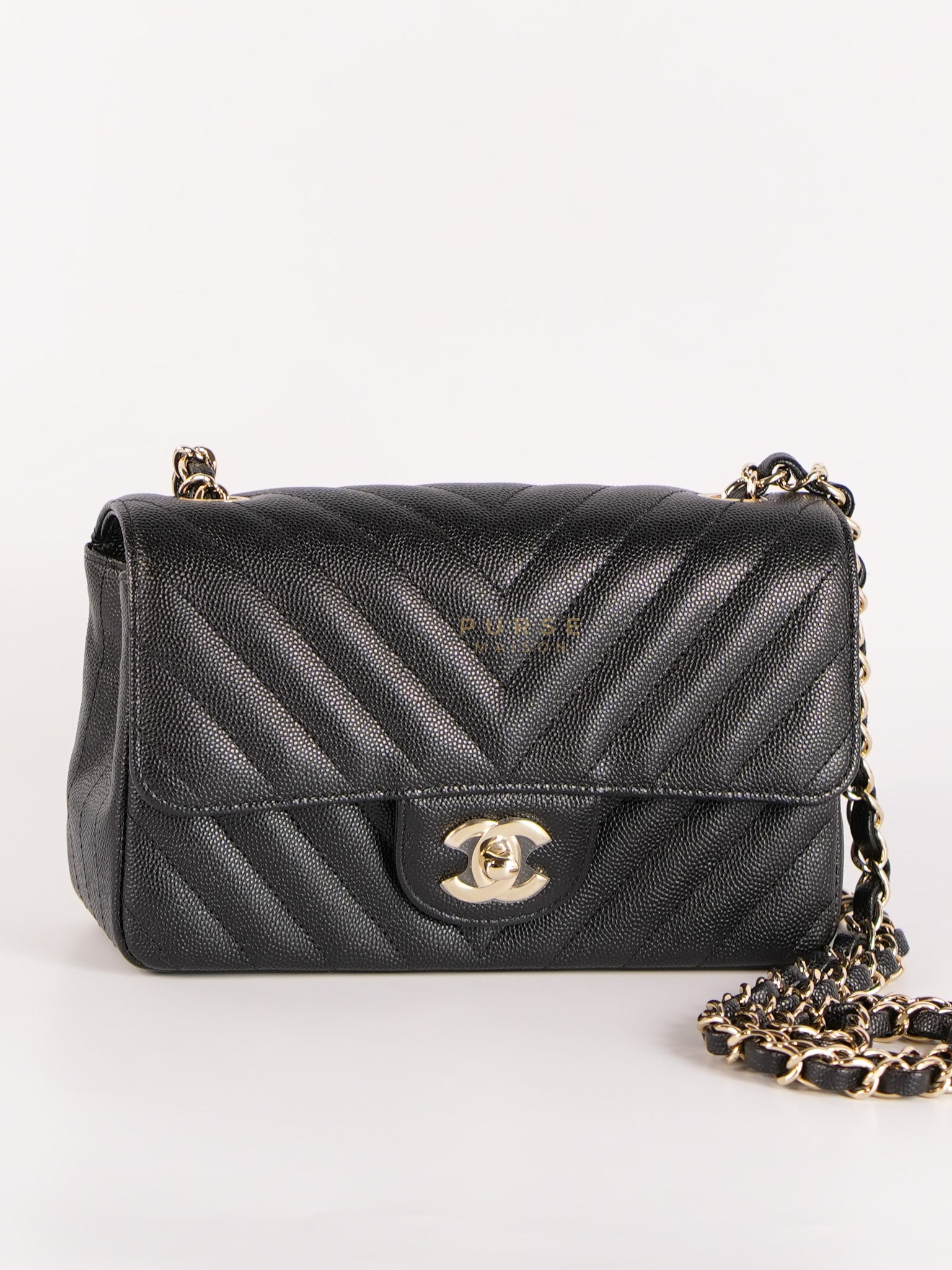 Mini Rectangle in Black Chevron Caviar Leather Light Gold (Series 26) | Purse Maison Luxury Bags Shop