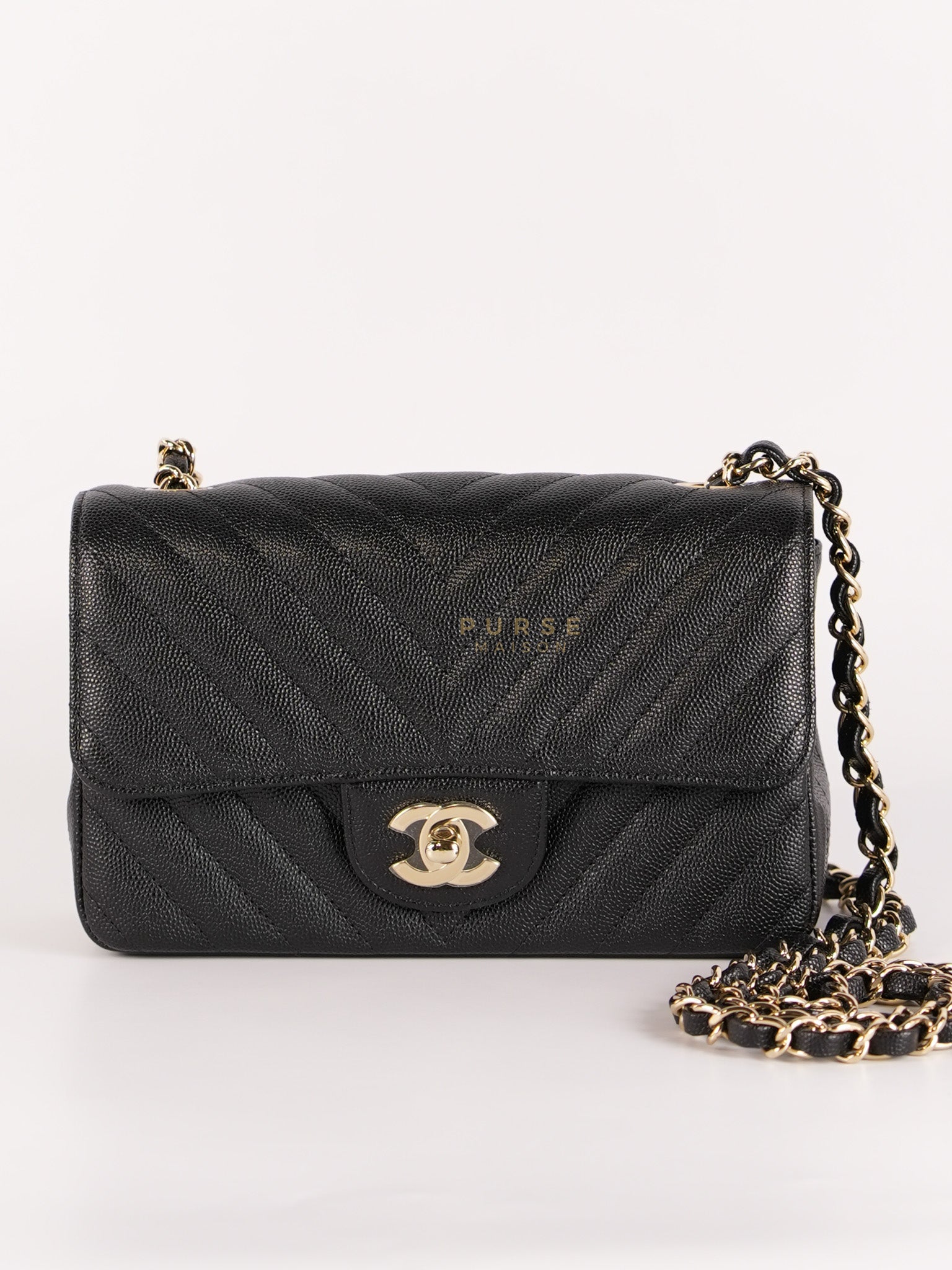Mini Rectangle in Black Chevron Caviar Leather Light Gold (Series 26) | Purse Maison Luxury Bags Shop