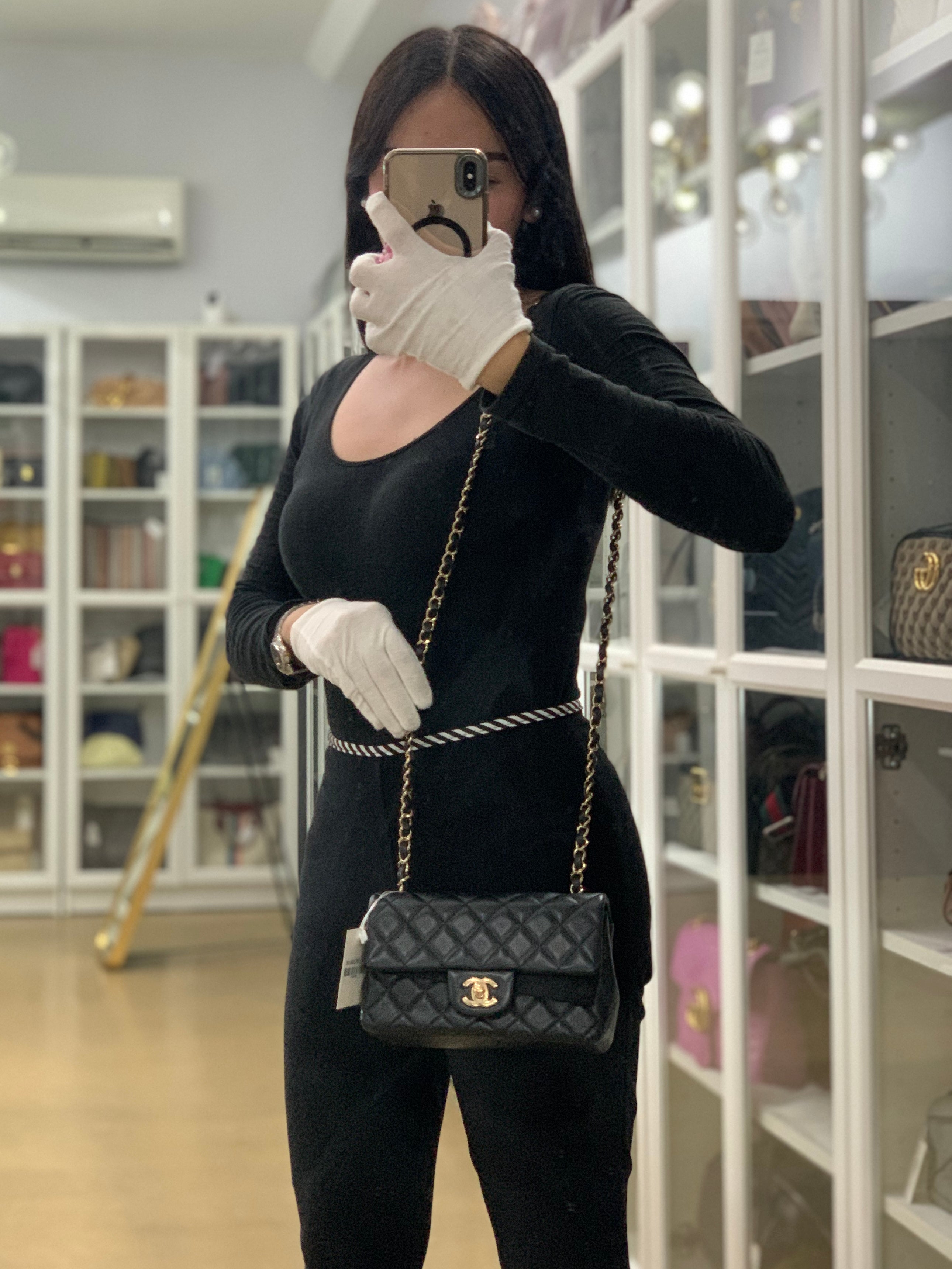 Mini Rectangle in Black Quilted Lambskin Leather & Light Gold Hardware(Microchip) | Purse Maison Luxury Bags Shop