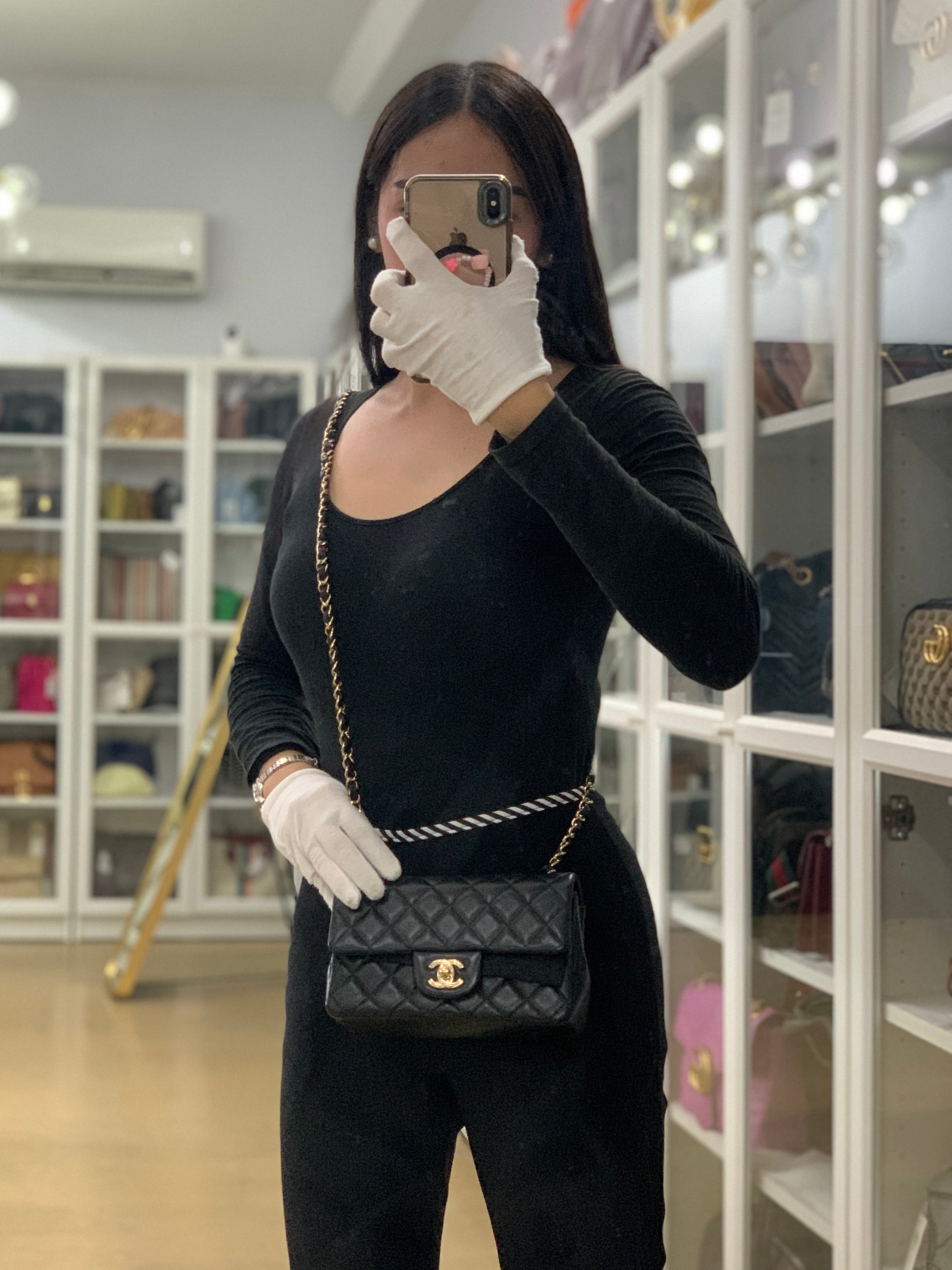 Mini Rectangle in Black Quilted Lambskin Leather & Light Gold Hardware(Microchip) | Purse Maison Luxury Bags Shop