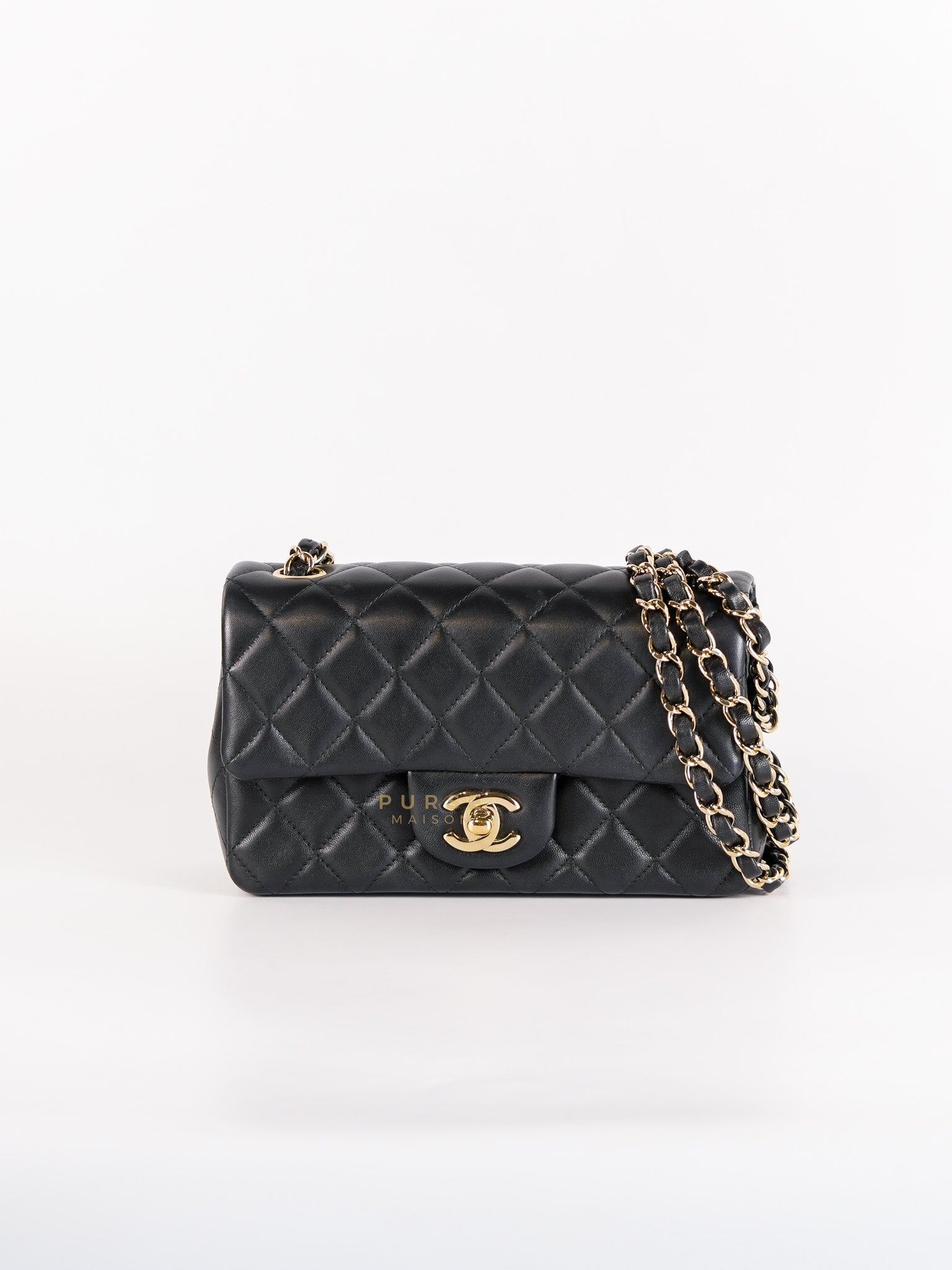 Mini Rectangle in Black Quilted Lambskin Leather & Light Gold Hardware(Microchip) | Purse Maison Luxury Bags Shop