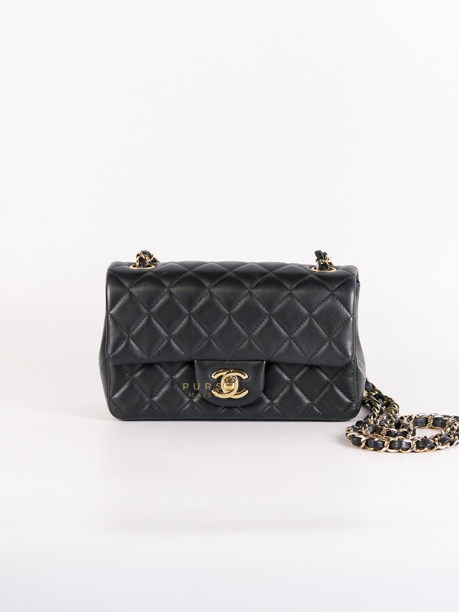 Mini Rectangle in Black Quilted Lambskin Leather & Light Gold Hardware(Microchip) | Purse Maison Luxury Bags Shop