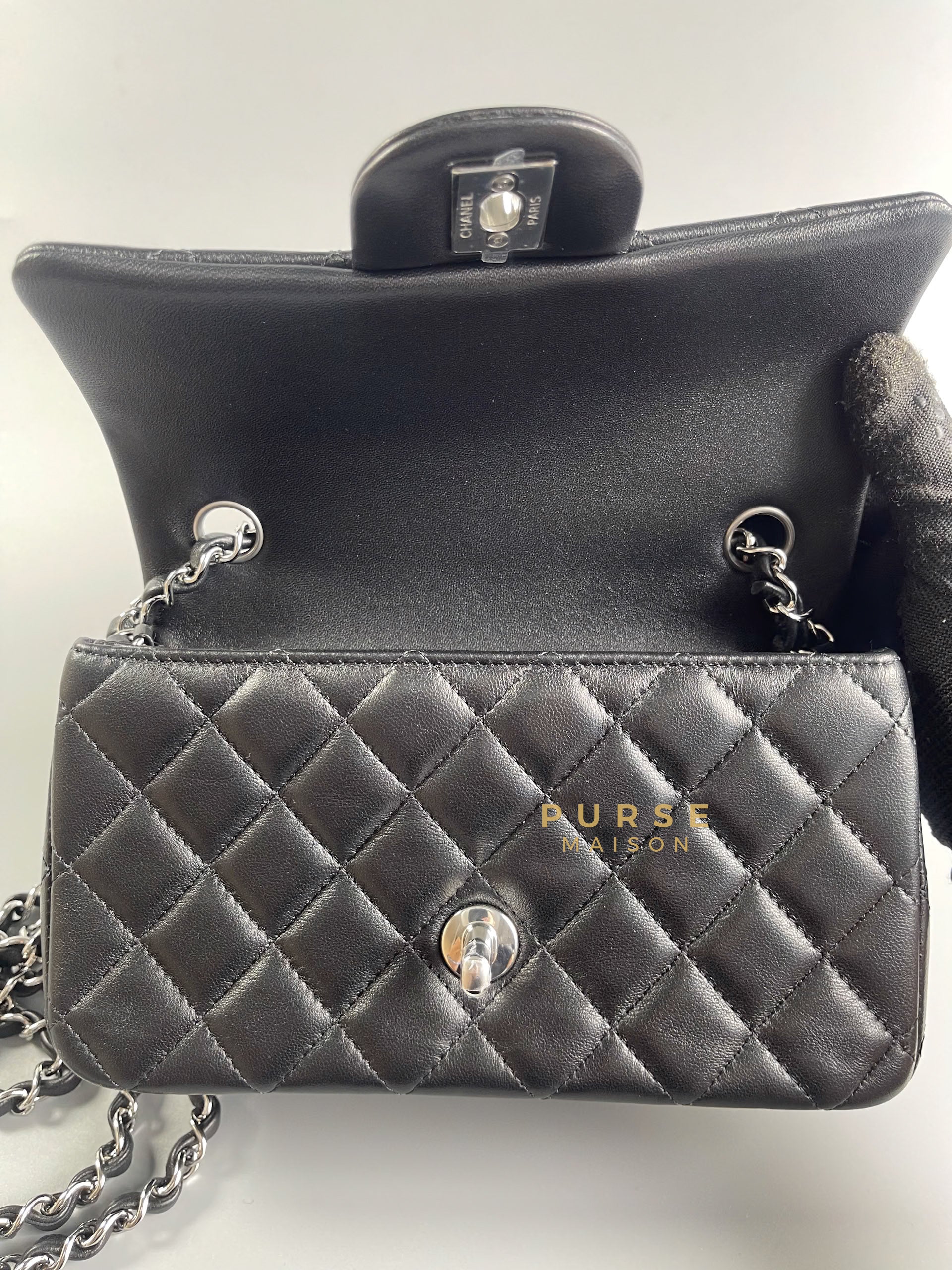 Mini Rectangle in Black Quilted Lambskin Leather & Silver Hardware (Microchip) | Purse Maison Luxury Bags Shop