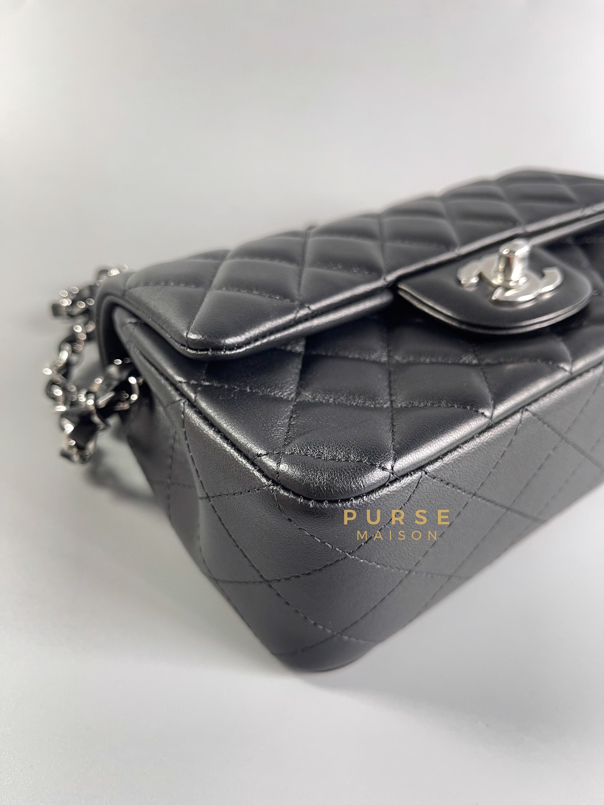 Mini Rectangle in Black Quilted Lambskin Leather & Silver Hardware (Microchip) | Purse Maison Luxury Bags Shop