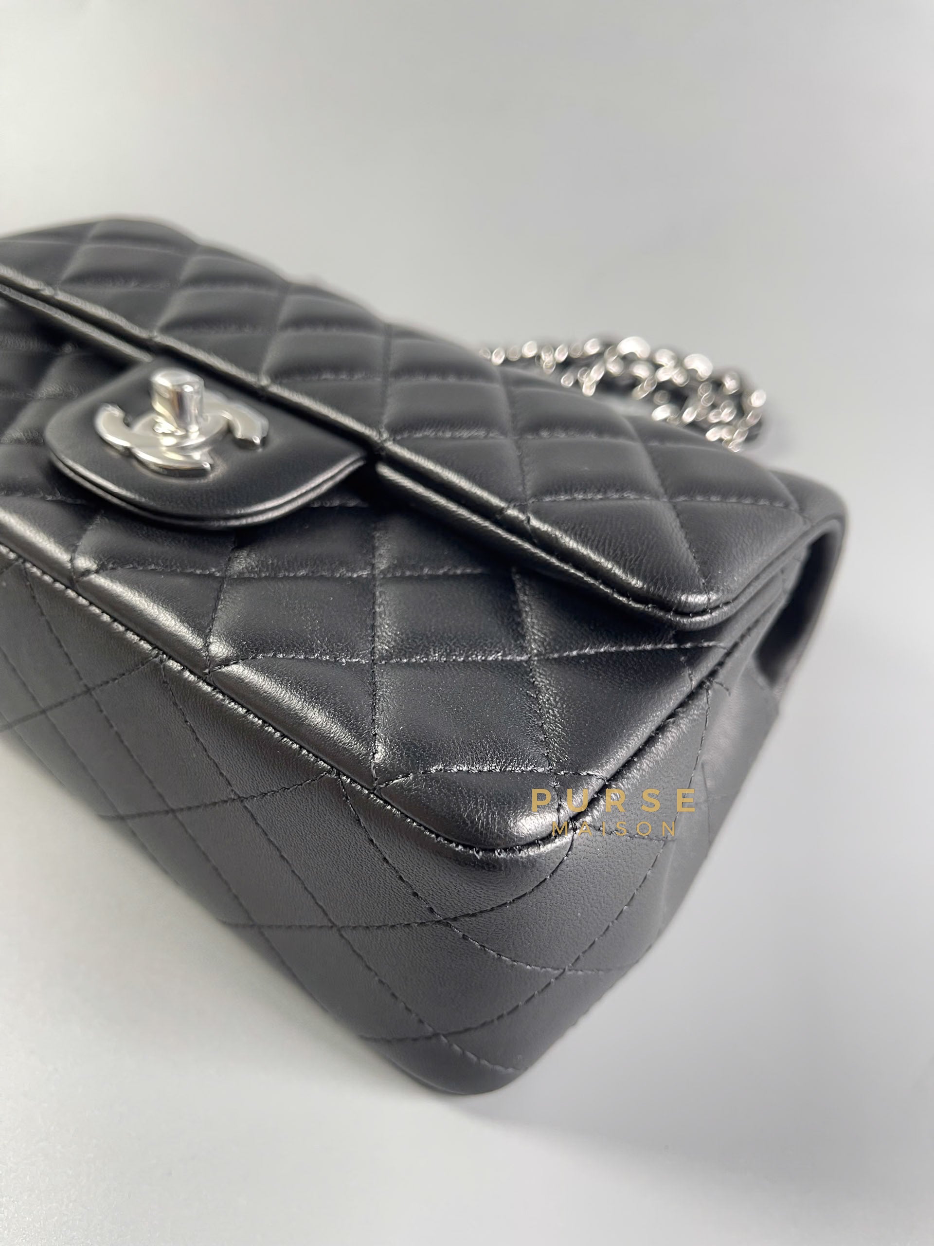 Mini Rectangle in Black Quilted Lambskin Leather & Silver Hardware (Microchip) | Purse Maison Luxury Bags Shop