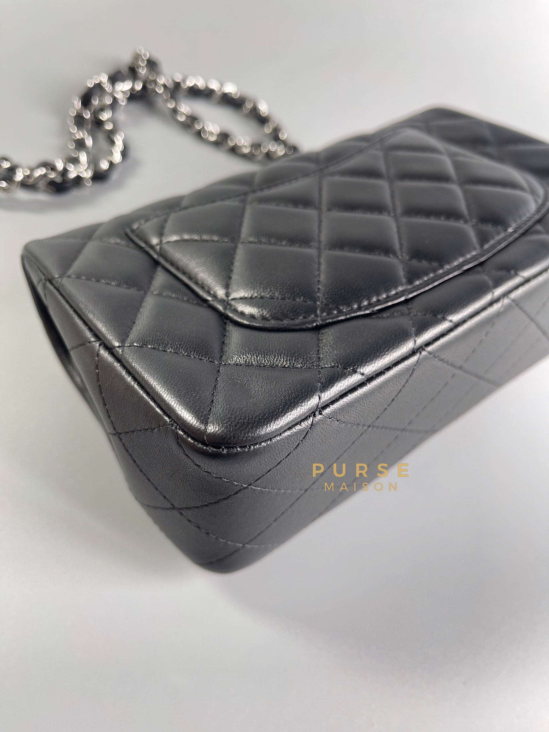 Mini Rectangle in Black Quilted Lambskin Leather & Silver Hardware (Microchip) | Purse Maison Luxury Bags Shop