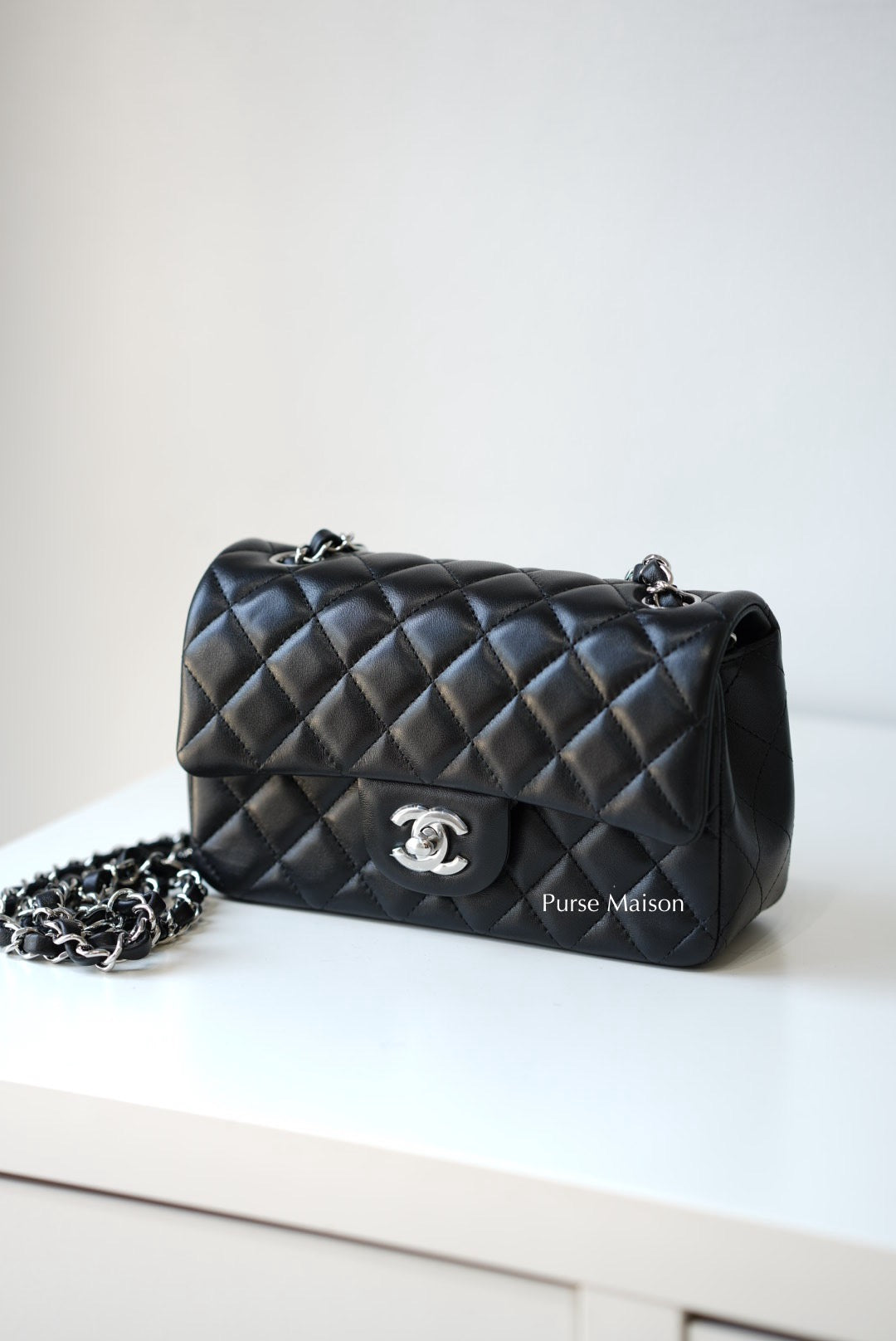Mini Rectangle in Black Quilted Lambskin Leather & Silver Hardware (Microchip) | Purse Maison Luxury Bags Shop