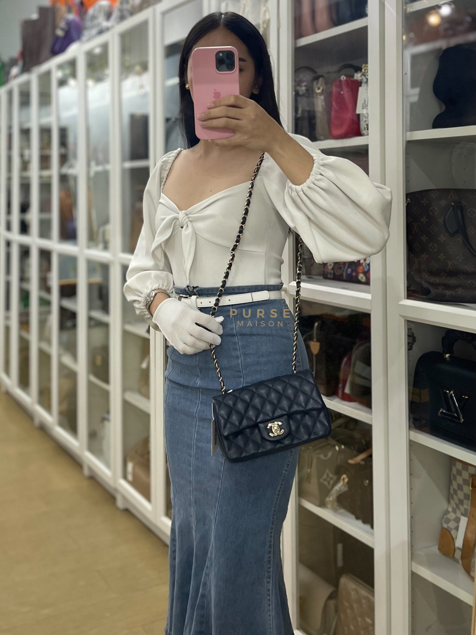 Mini Rectangular in Navy Blue Caviar Leather & Light Gold Hardware Series 26 | Purse Maison Luxury Bags Shop