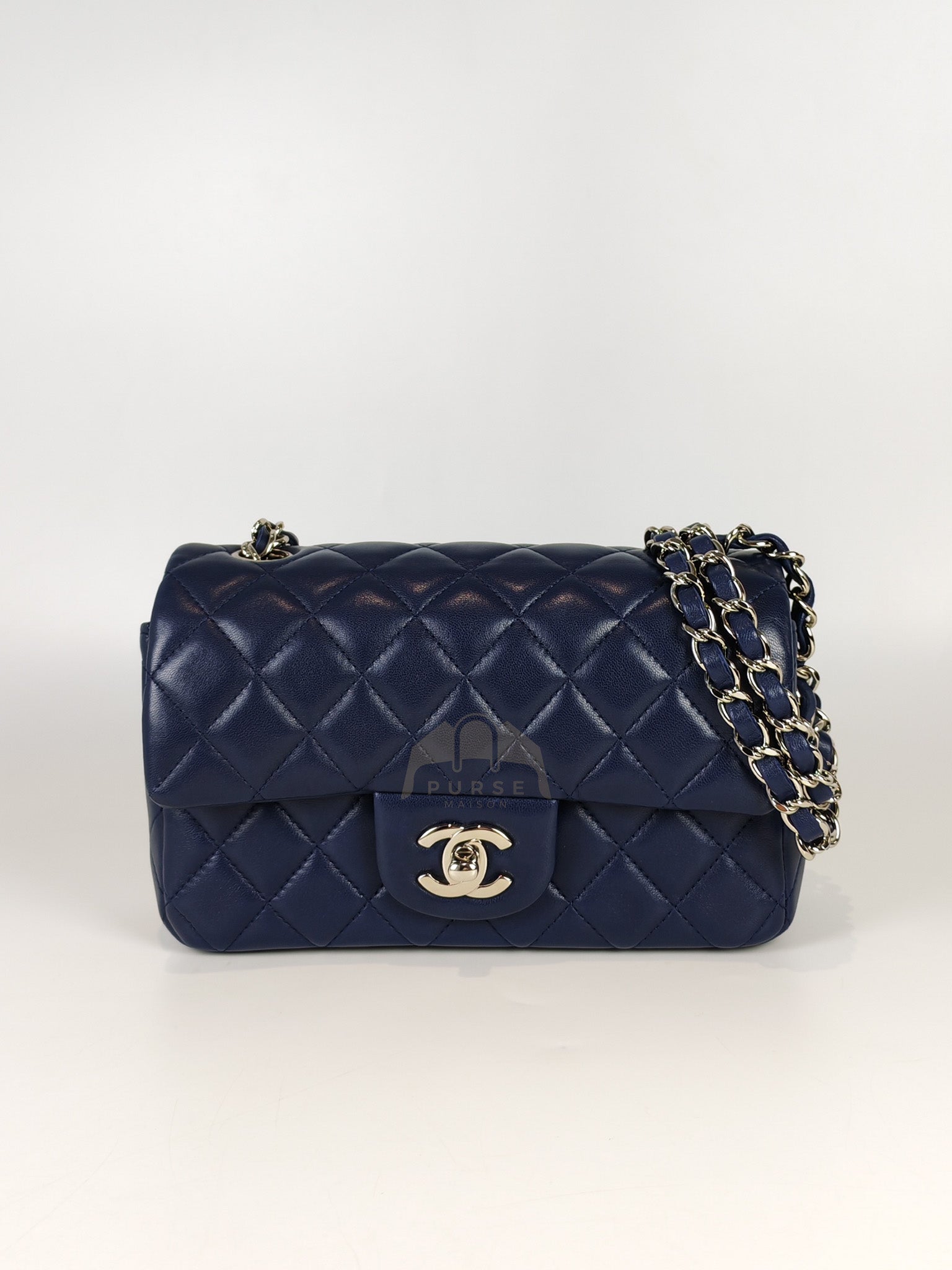 Mini Rectangle in Blue Lambskin Leather and Silver Hardware Series 28 | Purse Maison Luxury Bags Shop
