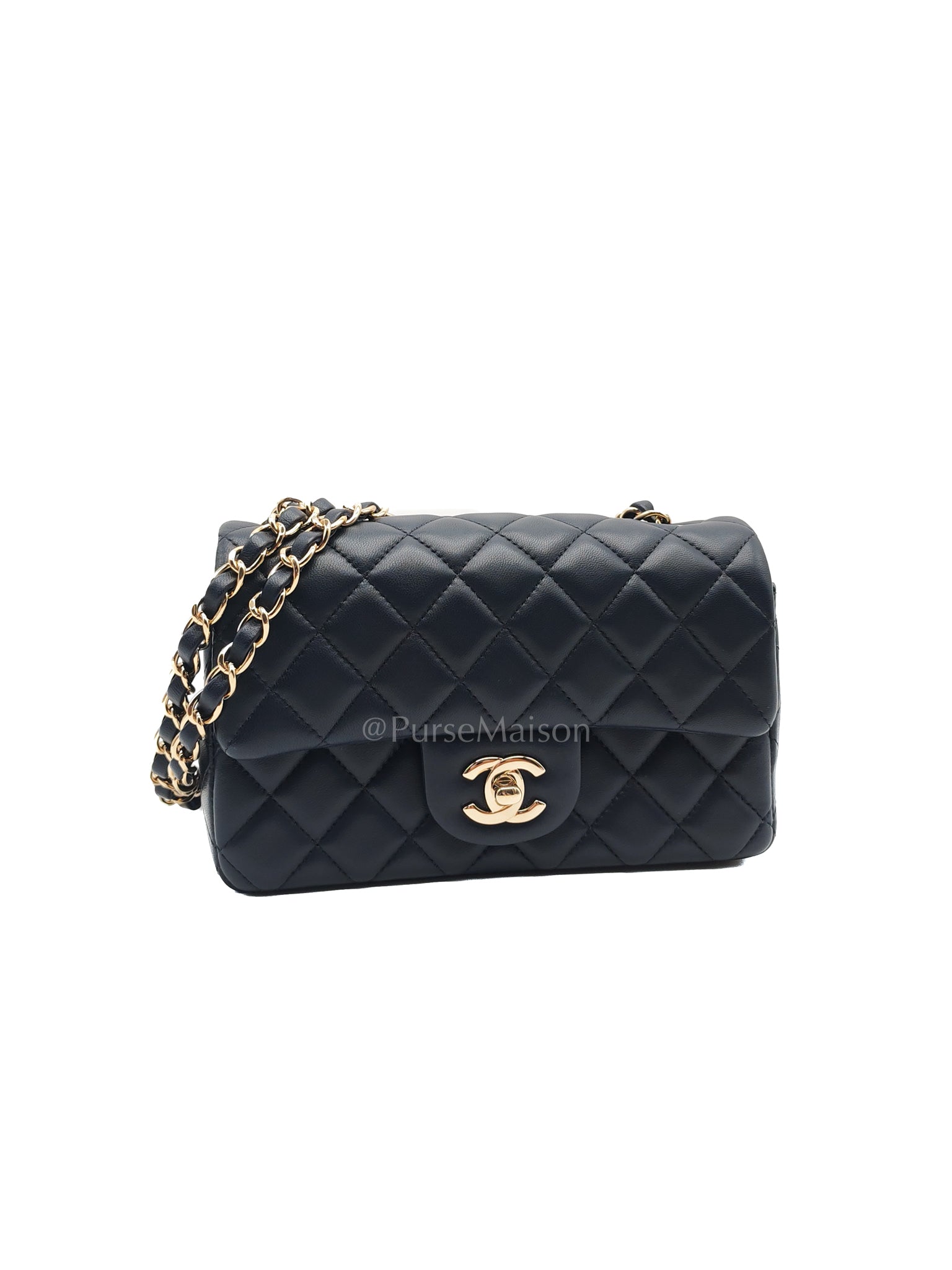 Mini Rectangle in Navy Blue Lambskin Leather and Light Gold Hardware Series 29 | Purse Maison Luxury Bags Shop