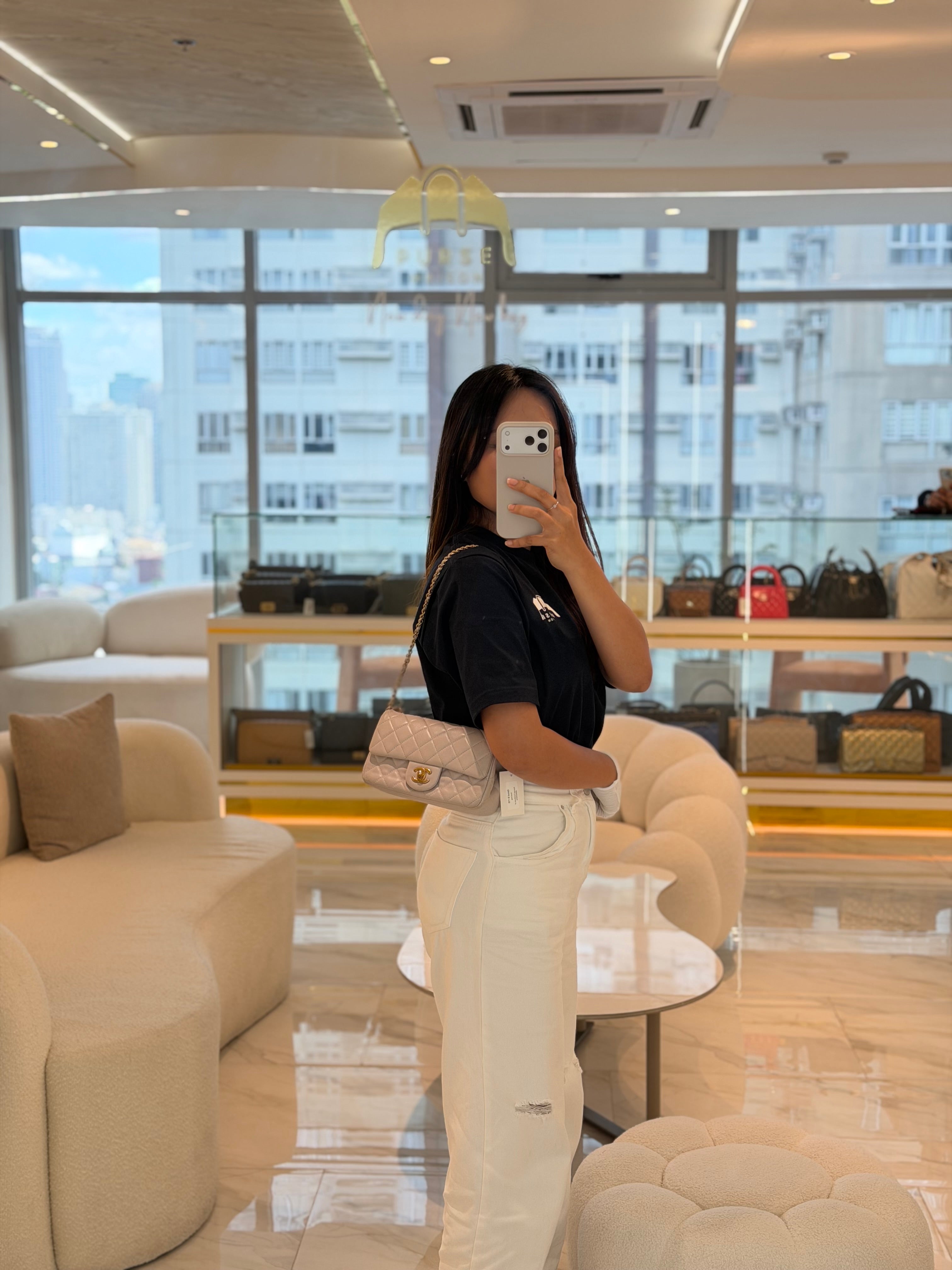 Mini Rectangle Pearl Crush in Light Purplish Gray Lambskin Leather and Aged Gold Hardware (Microchip) | Purse Maison Luxury Bags Shop