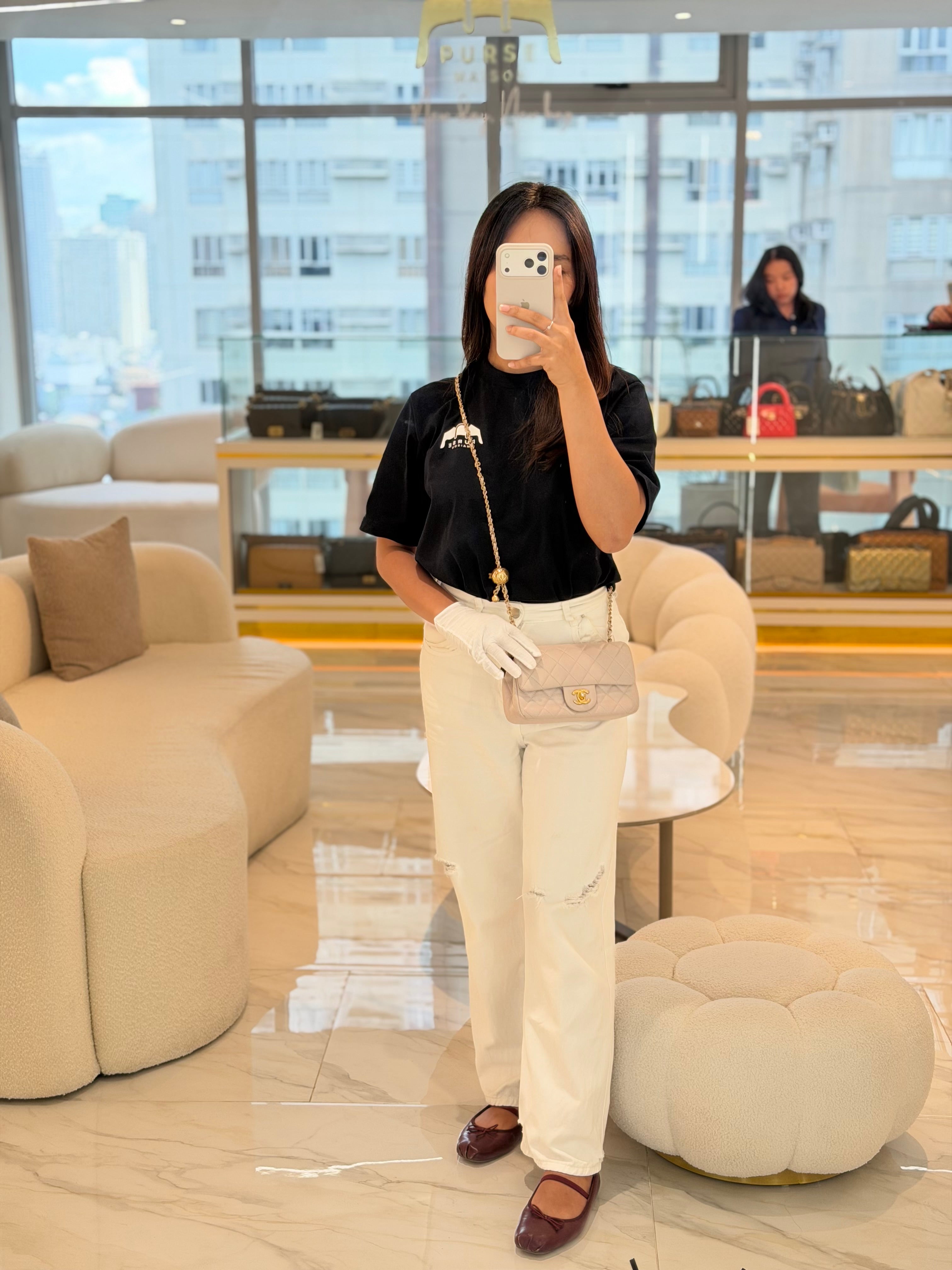 Mini Rectangle Pearl Crush in Light Purplish Gray Lambskin Leather and Aged Gold Hardware (Microchip) | Purse Maison Luxury Bags Shop