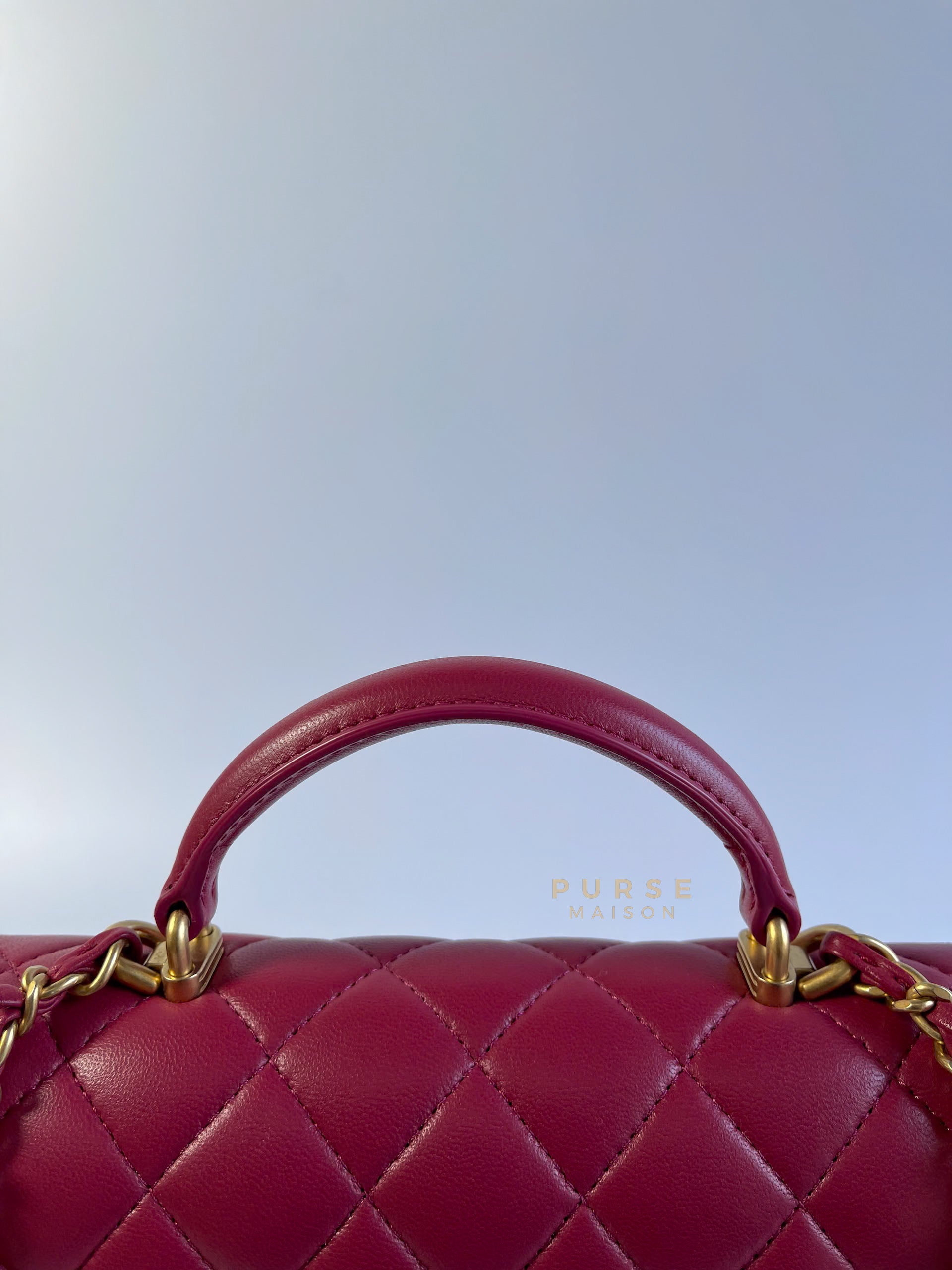Mini Rectangle Top Handle 21A Dark Pink Lambskin in Aged Gold Hardware (Microchip) | Purse Maison Luxury Bags Shop