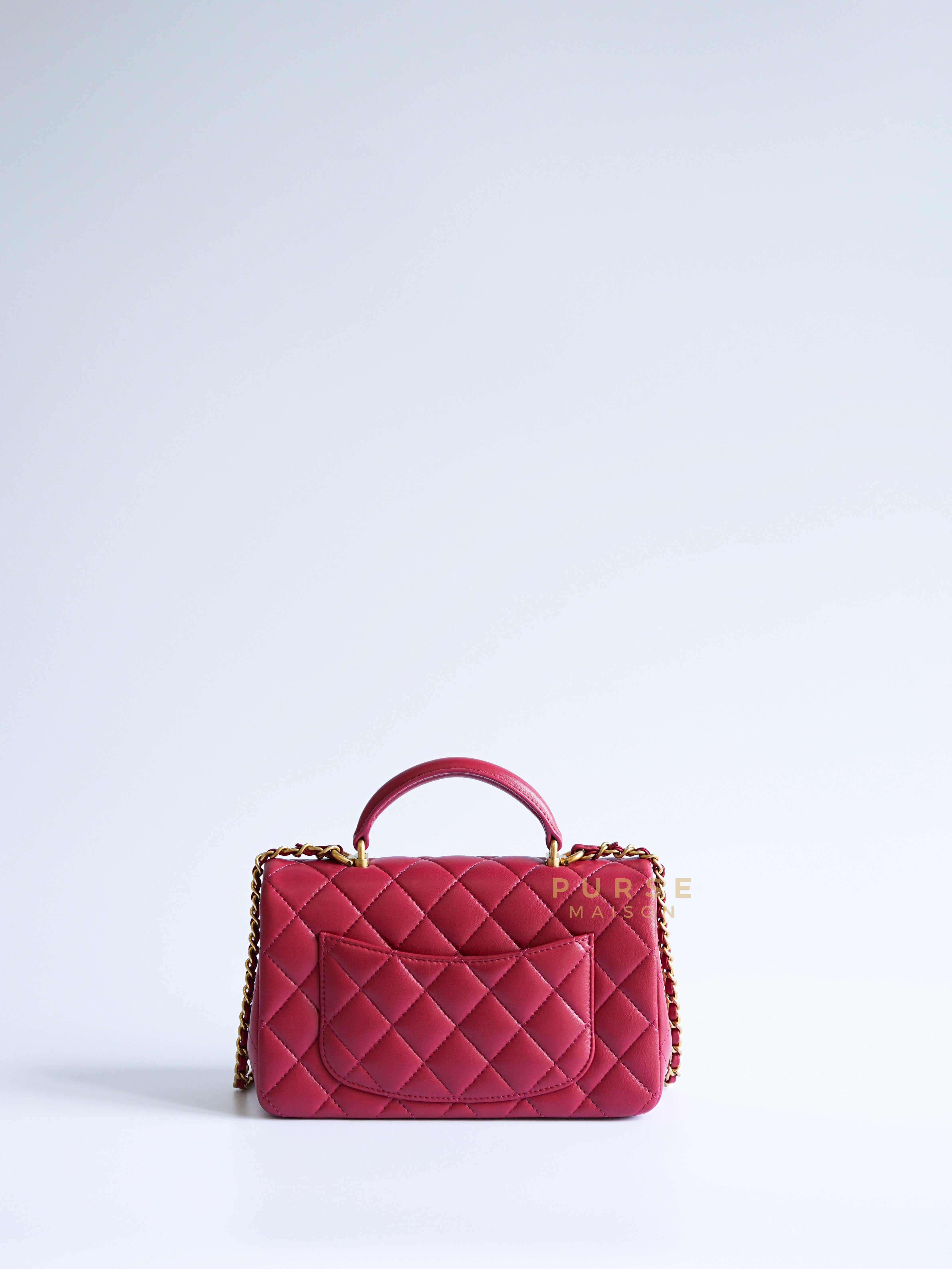 Mini Rectangle Top Handle 21A Dark Pink Lambskin in Aged Gold Hardware (Microchip) | Purse Maison Luxury Bags Shop
