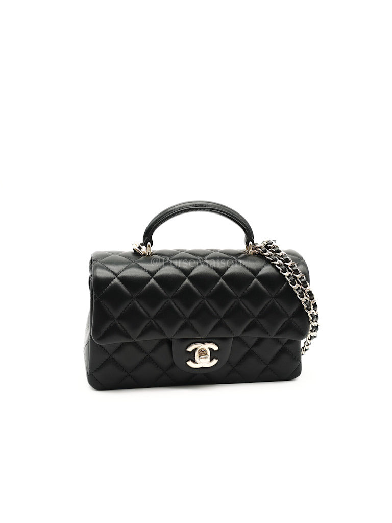 Mini Rectangle Top Handle Bag in Black Quilted Lambskin Leather in Light Gold Hardware Microchip LAJJ1L57 | Purse Maison Luxury Bags Shop