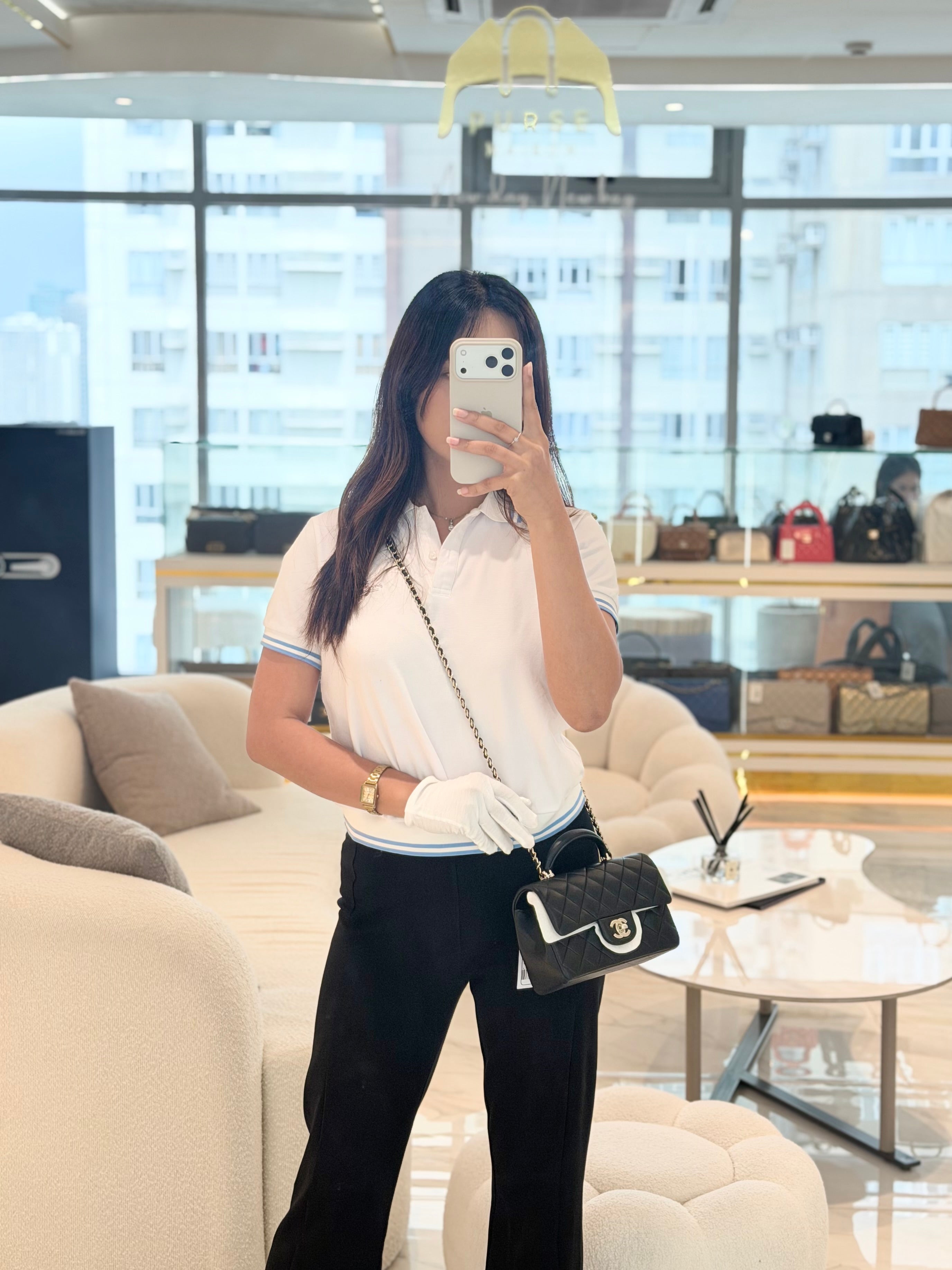 Mini Rectangle Top Handle Bag in Black Lambskin Leather & Light Gold Hardware Microchip | Purse Maison Luxury Bags Shop