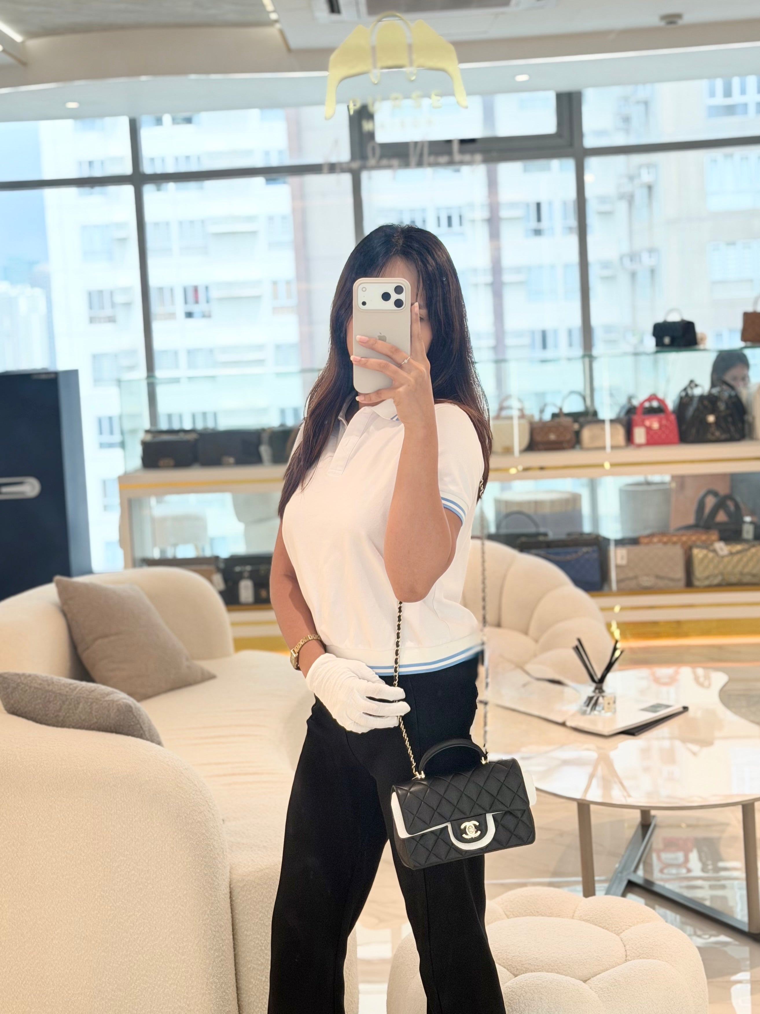 Mini Rectangle Top Handle Bag in Black Lambskin Leather & Light Gold Hardware Microchip | Purse Maison Luxury Bags Shop