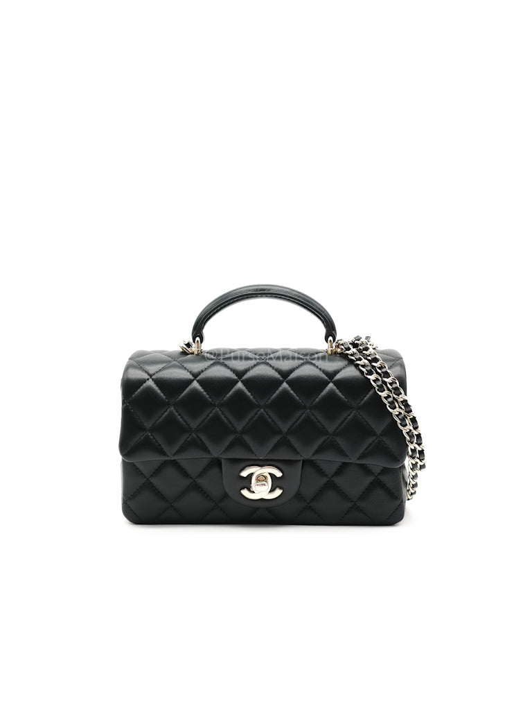 Mini Rectangle Top Handle Bag in Black Quilted Lambskin Leather in Light Gold Hardware Microchip LAJJ1L57 | Purse Maison Luxury Bags Shop