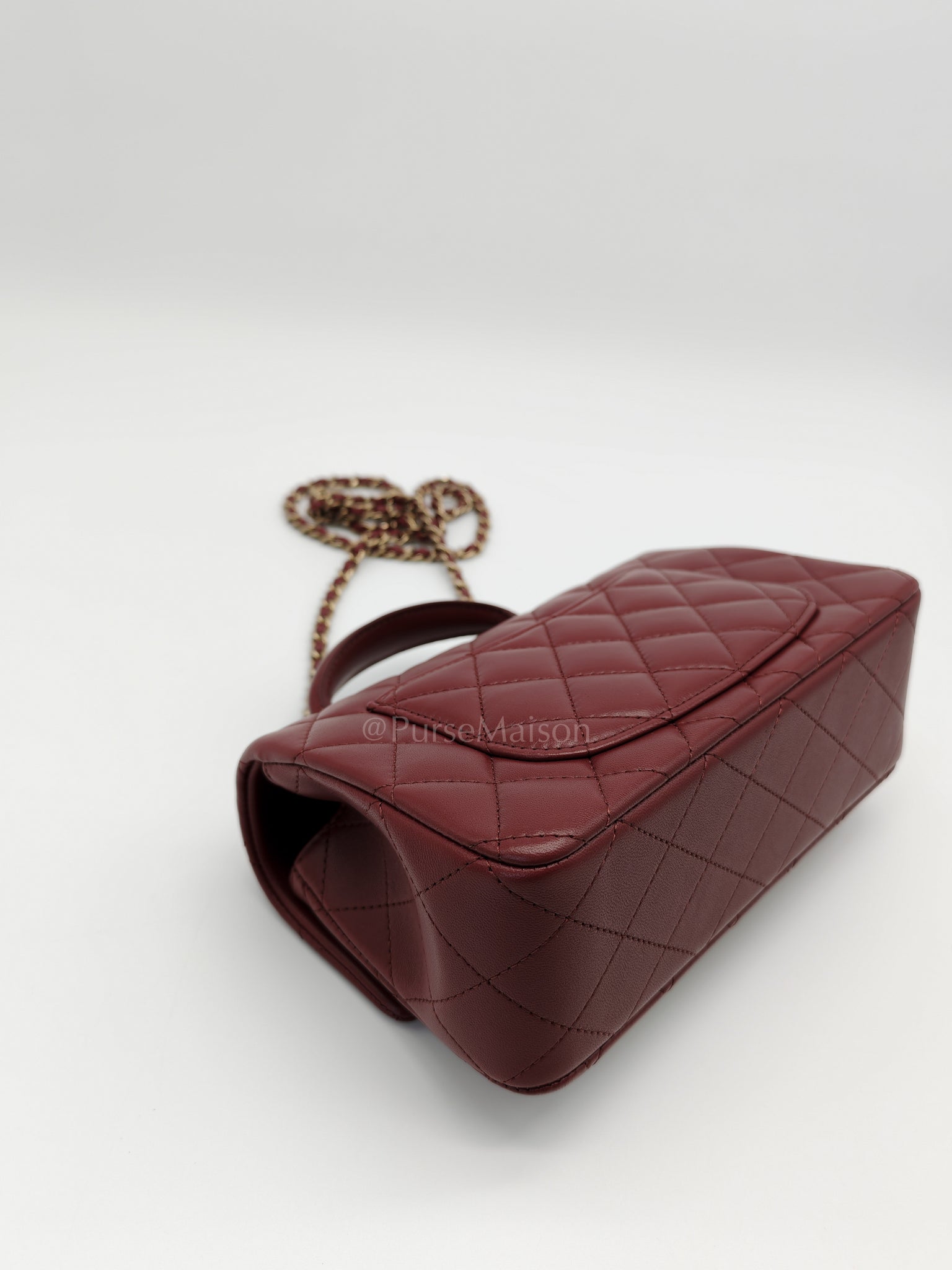 Mini Rectangle Top Handle in Burgundy Quilted Lambskin Leather and Light Gold Hardware (Microchip) | Purse Maison Luxury Bags Shop